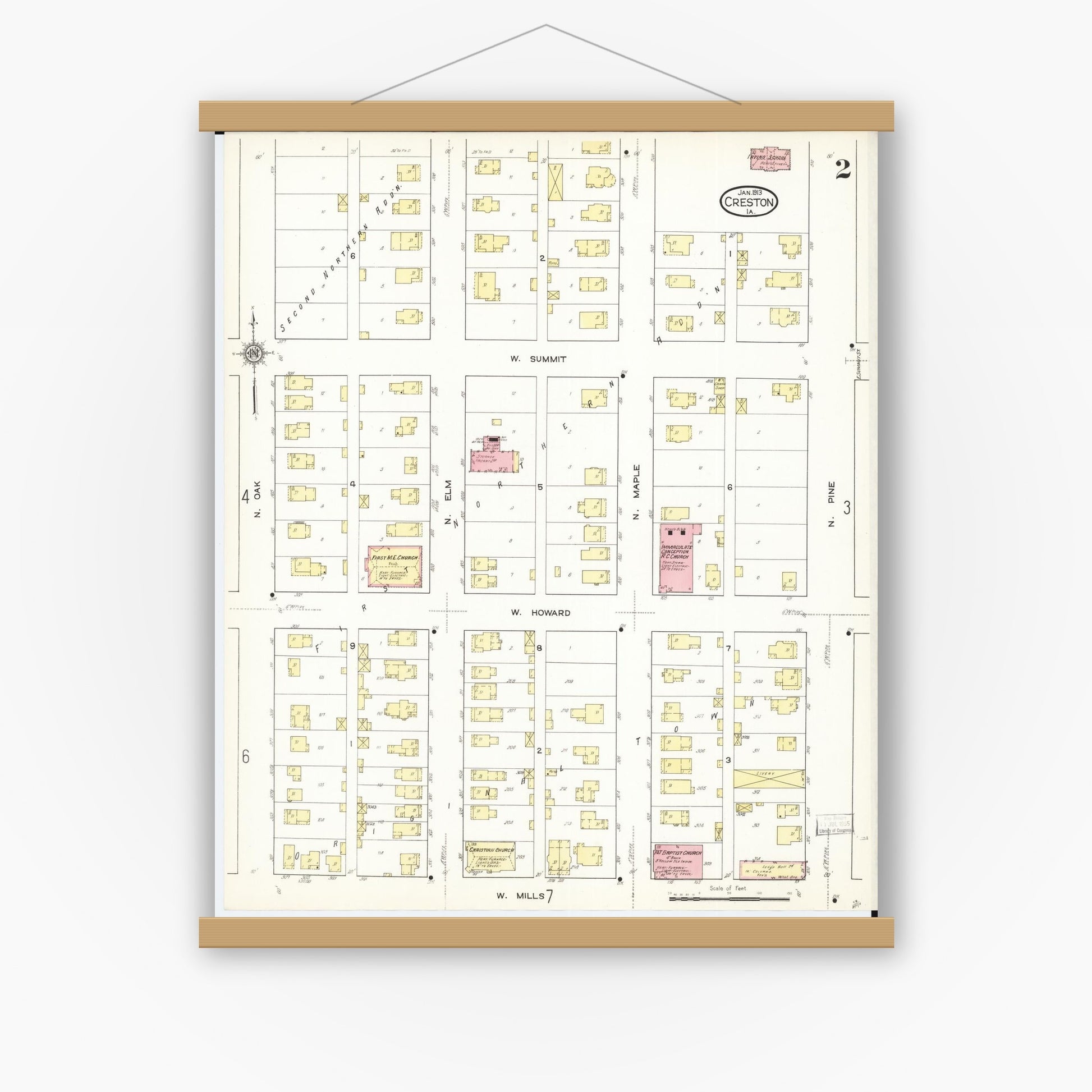 Old map wall art mockup — magnetic wood frame on white wall — Sanborn Fire Insurance Map from Creston, Union County, Iowa (1913), Sheet #0002