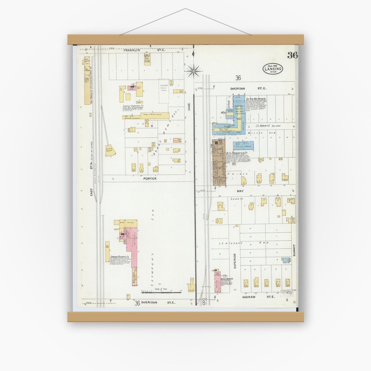 Old map wall art mockup — magnetic wood frame on white wall — Sanborn Fire Insurance Map from Lansing, Ingham County, Michigan (1906), Sheet #0036