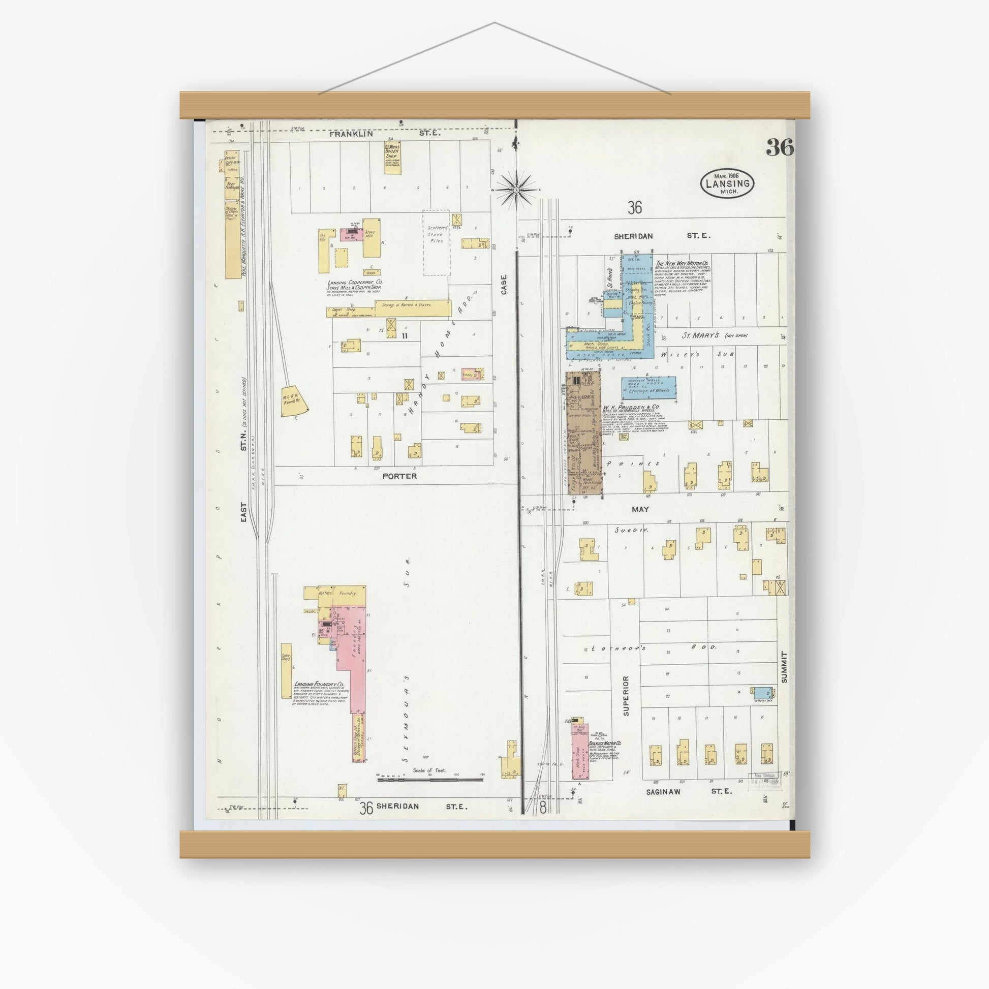 Old map wall art mockup — magnetic wood frame on white wall — Sanborn Fire Insurance Map from Lansing, Ingham County, Michigan (1906), Sheet #0036