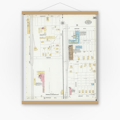 Old map wall art mockup — magnetic wood frame on white wall — Sanborn Fire Insurance Map from Lansing, Ingham County, Michigan (1906), Sheet #0036