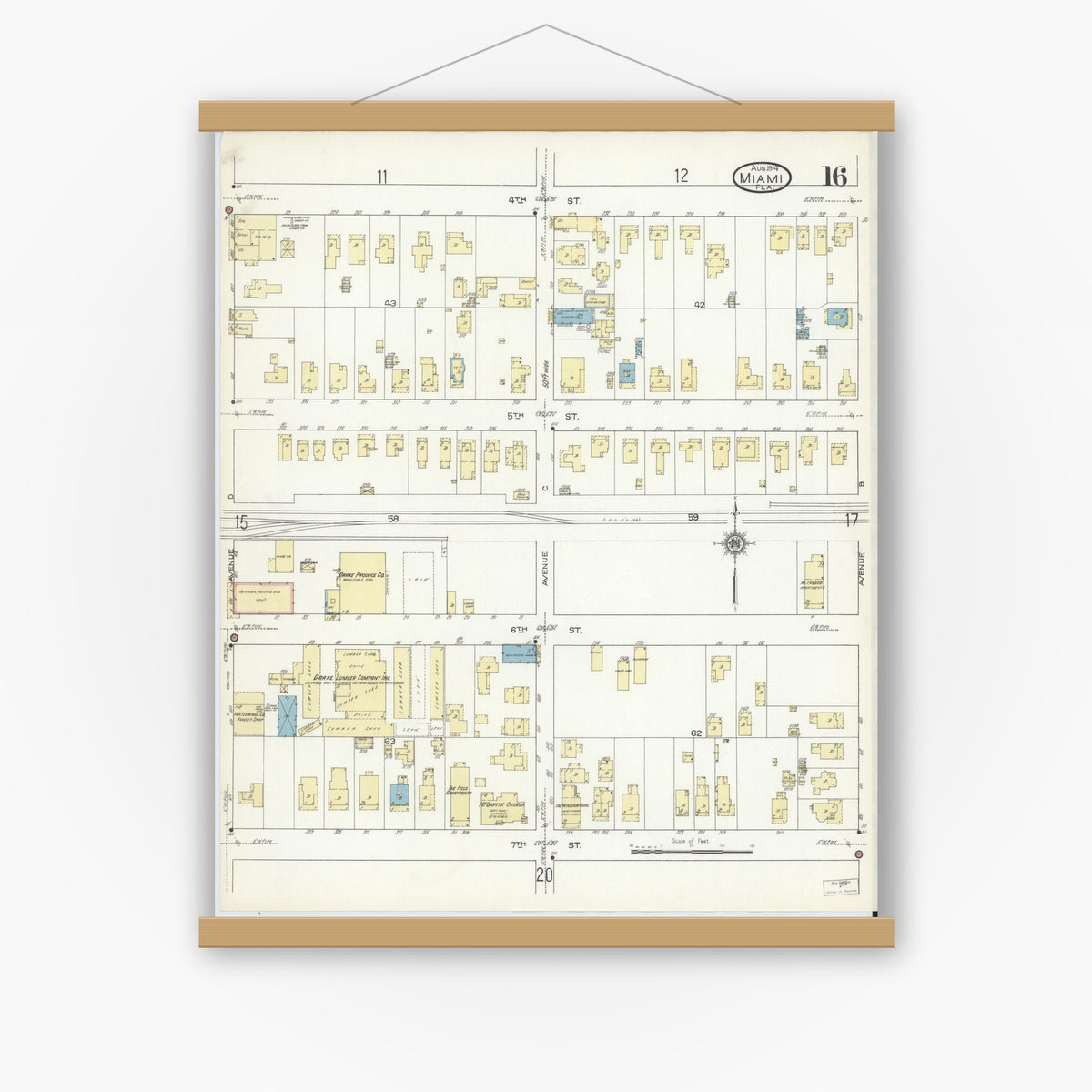 Old map wall art mockup — magnetic wood frame on white wall — Sanborn Fire Insurance Map from Miami, Dade County, Florida (1914), Sheet #0016