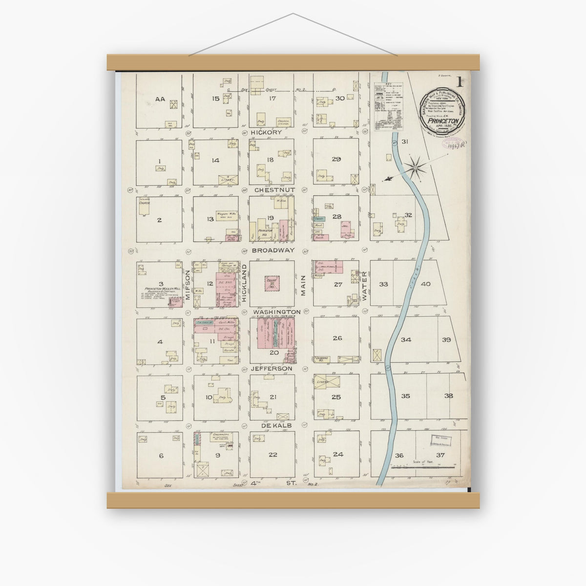 Old map wall art mockup — magnetic wood frame on white wall — Sanborn Fire Insurance Map from Princeton, Mercer County, Missouri (1886), Sheet #0001