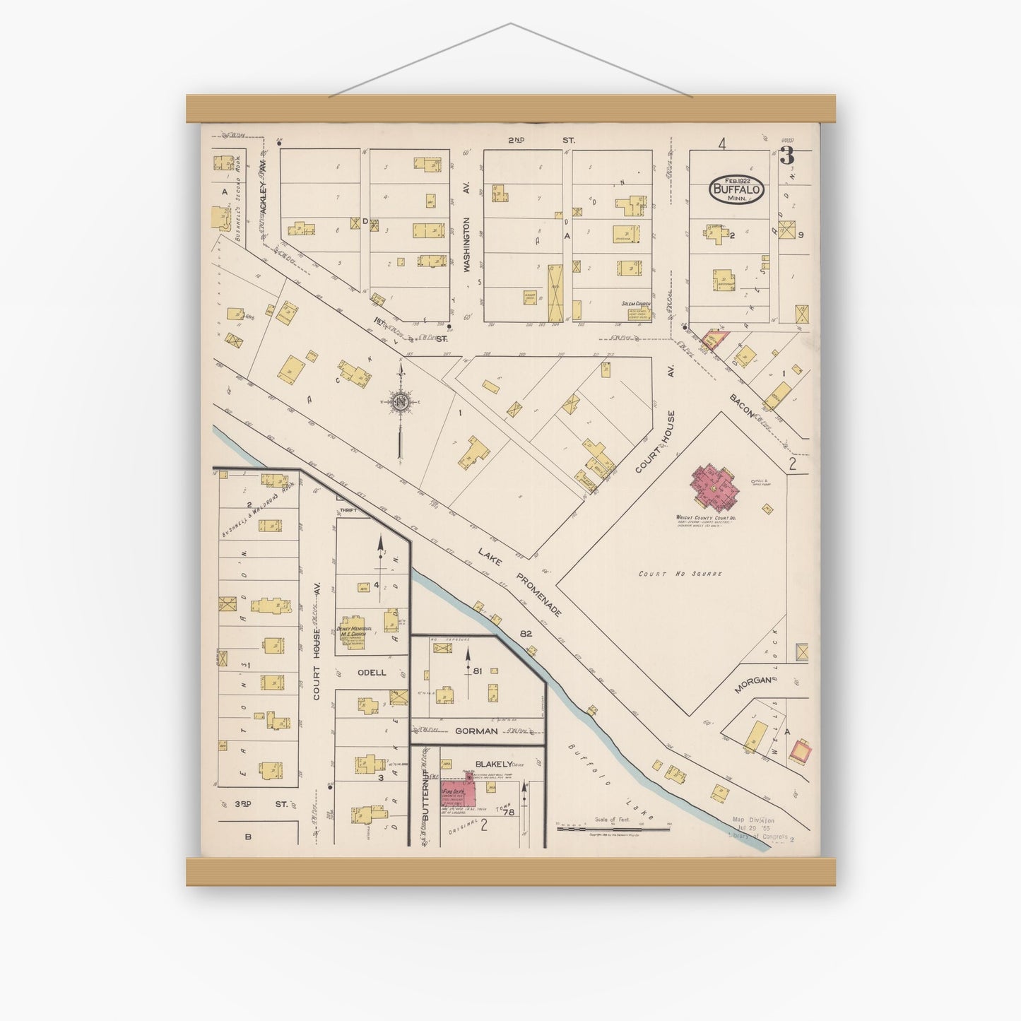 Old map wall art mockup — magnetic wood frame on white wall — Sanborn Fire Insurance Map from Buffalo, Wright County, Minnesota (1922), Sheet #0003