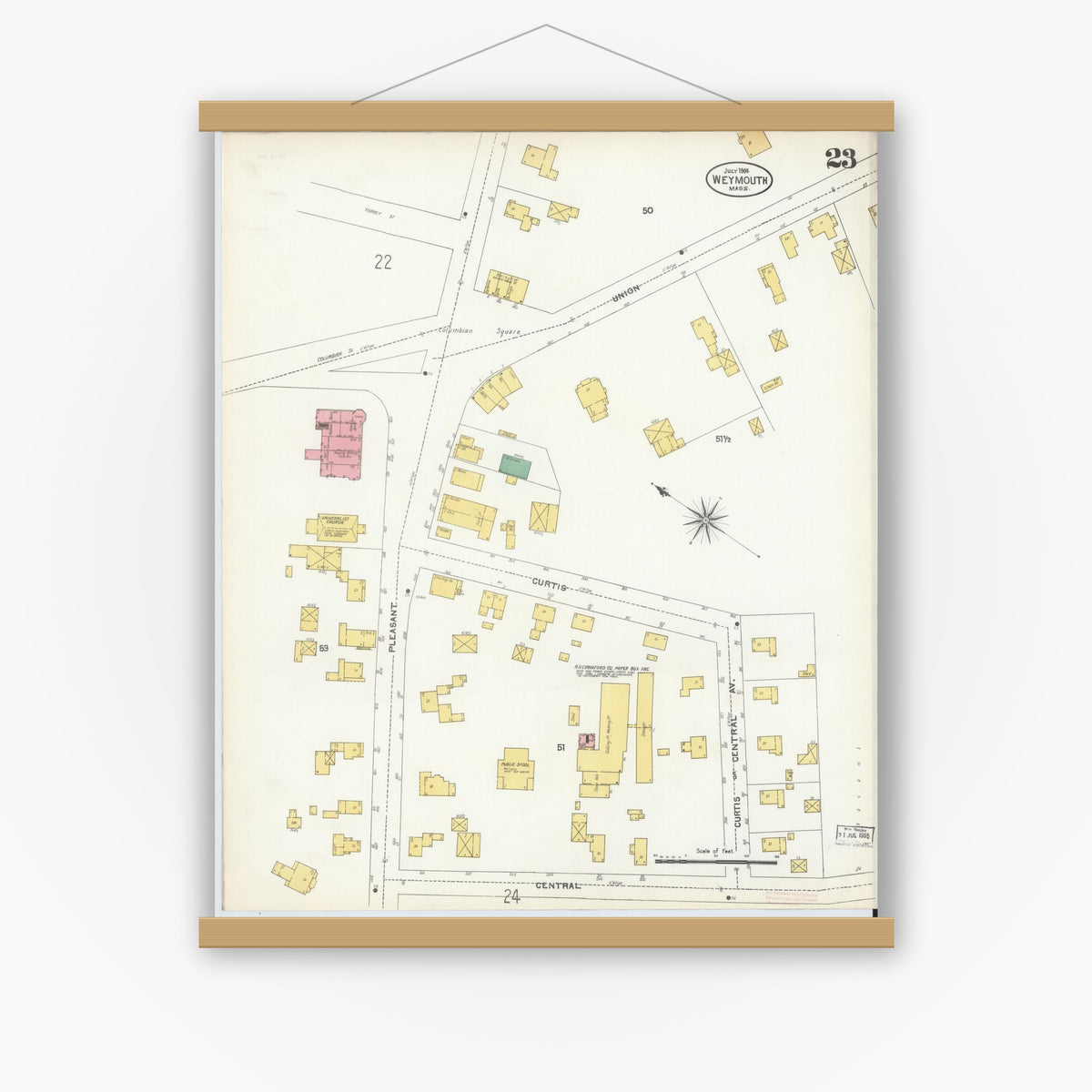 Old map wall art mockup — magnetic wood frame on white wall — Sanborn Fire Insurance Map from Weymouth, Norfolk County, Massachusetts (1904), Sheet #0023