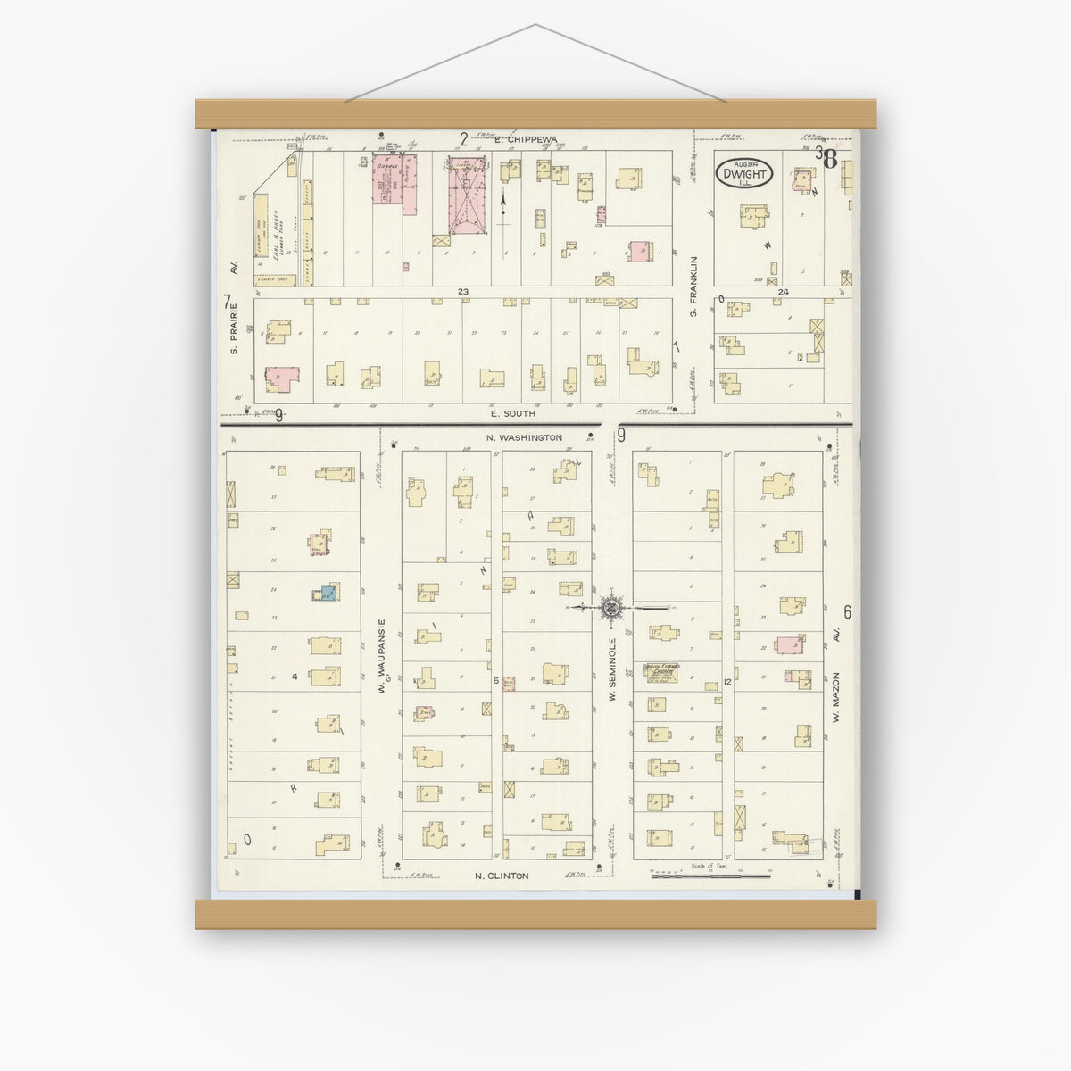 Old map wall art mockup — magnetic wood frame on white wall — Sanborn Fire Insurance Map from Dwight, Livingston County, Illinois (1914), Sheet #0008