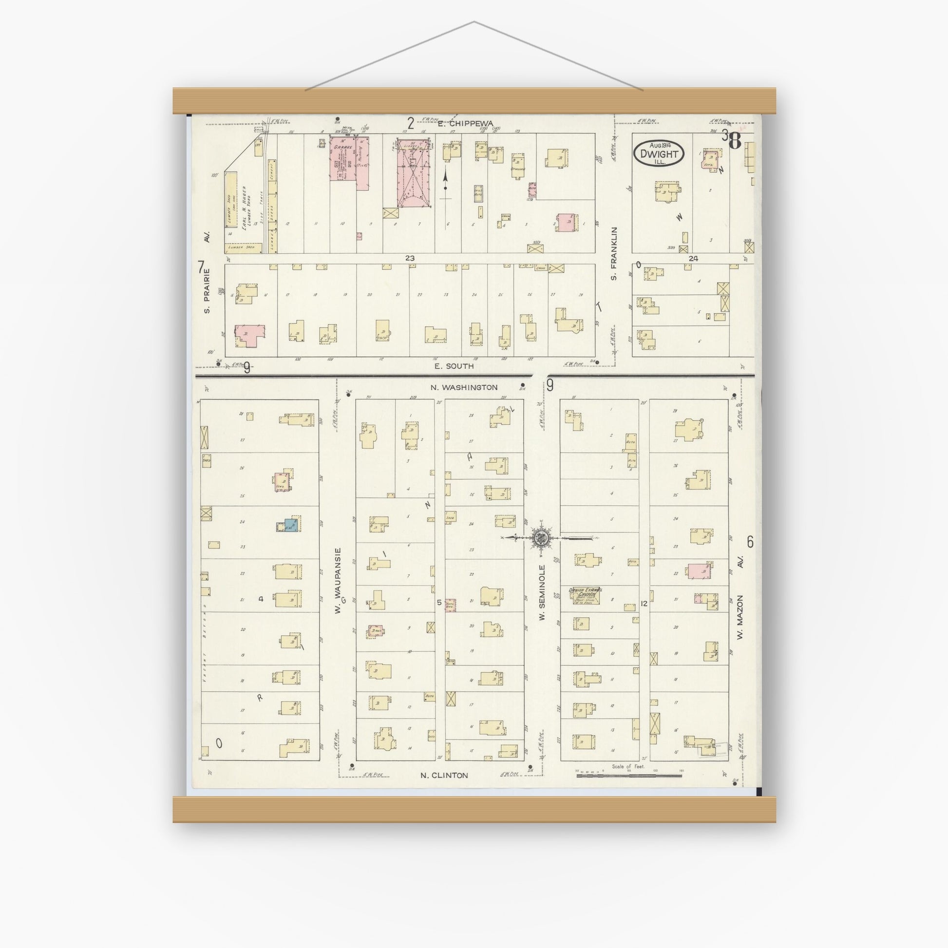 Old map wall art mockup — magnetic wood frame on white wall — Sanborn Fire Insurance Map from Dwight, Livingston County, Illinois (1914), Sheet #0008