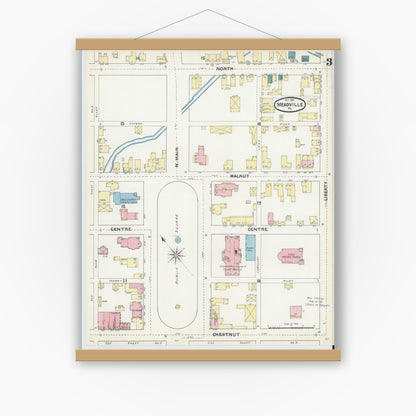 Old map wall art mockup — magnetic wood frame on white wall — Sanborn Fire Insurance Map from Meadville, Crawford County, Pennsylvania (1891), Sheet #0003
