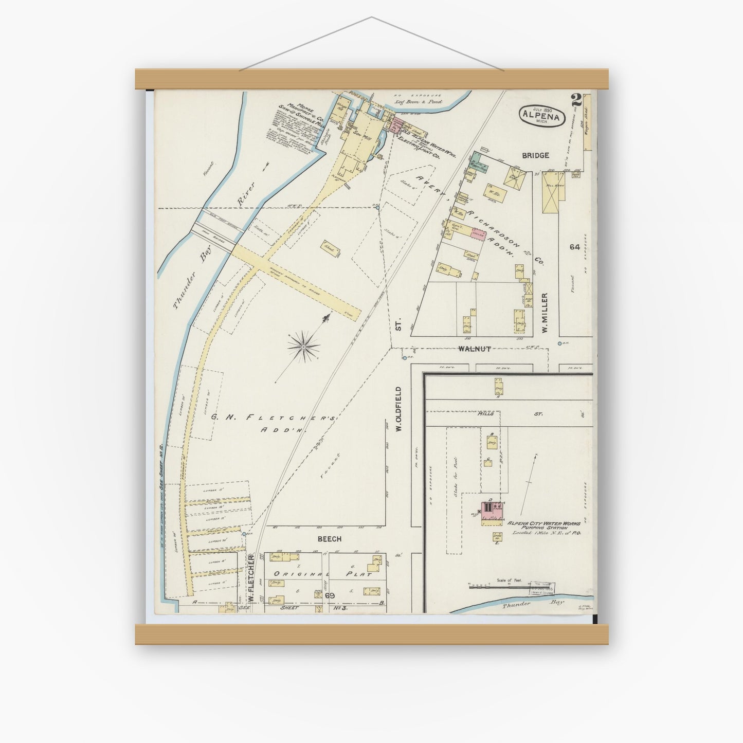 Old map wall art mockup — magnetic wood frame on white wall — Sanborn Fire Insurance Map from Alpena, Alpena County, Michigan (1890), Sheet #0002