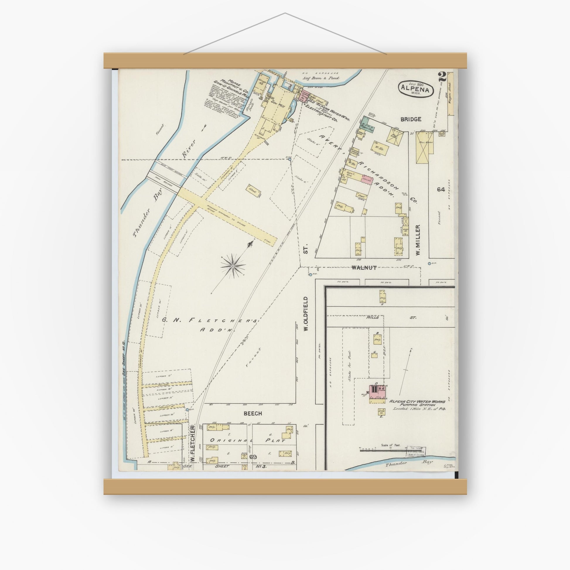 Old map wall art mockup — magnetic wood frame on white wall — Sanborn Fire Insurance Map from Alpena, Alpena County, Michigan (1890), Sheet #0002