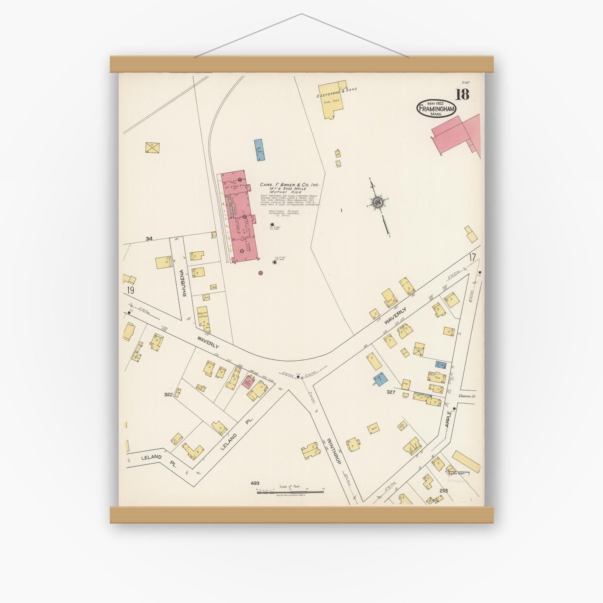 Old map wall art mockup — magnetic wood frame on white wall — Sanborn Fire Insurance Map from Framingham, Middlesex County, Massachusetts (1922), Sheet #0018