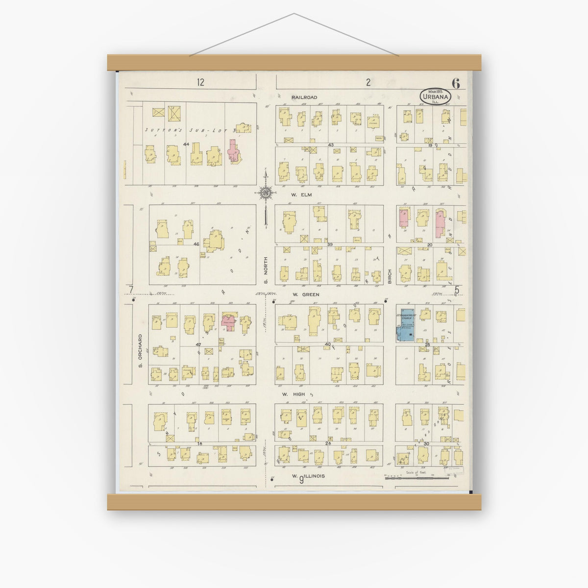 Old map wall art mockup — magnetic wood frame on white wall — Sanborn Fire Insurance Map from Urbana, Champaign County, Illinois (1915), Sheet #0006