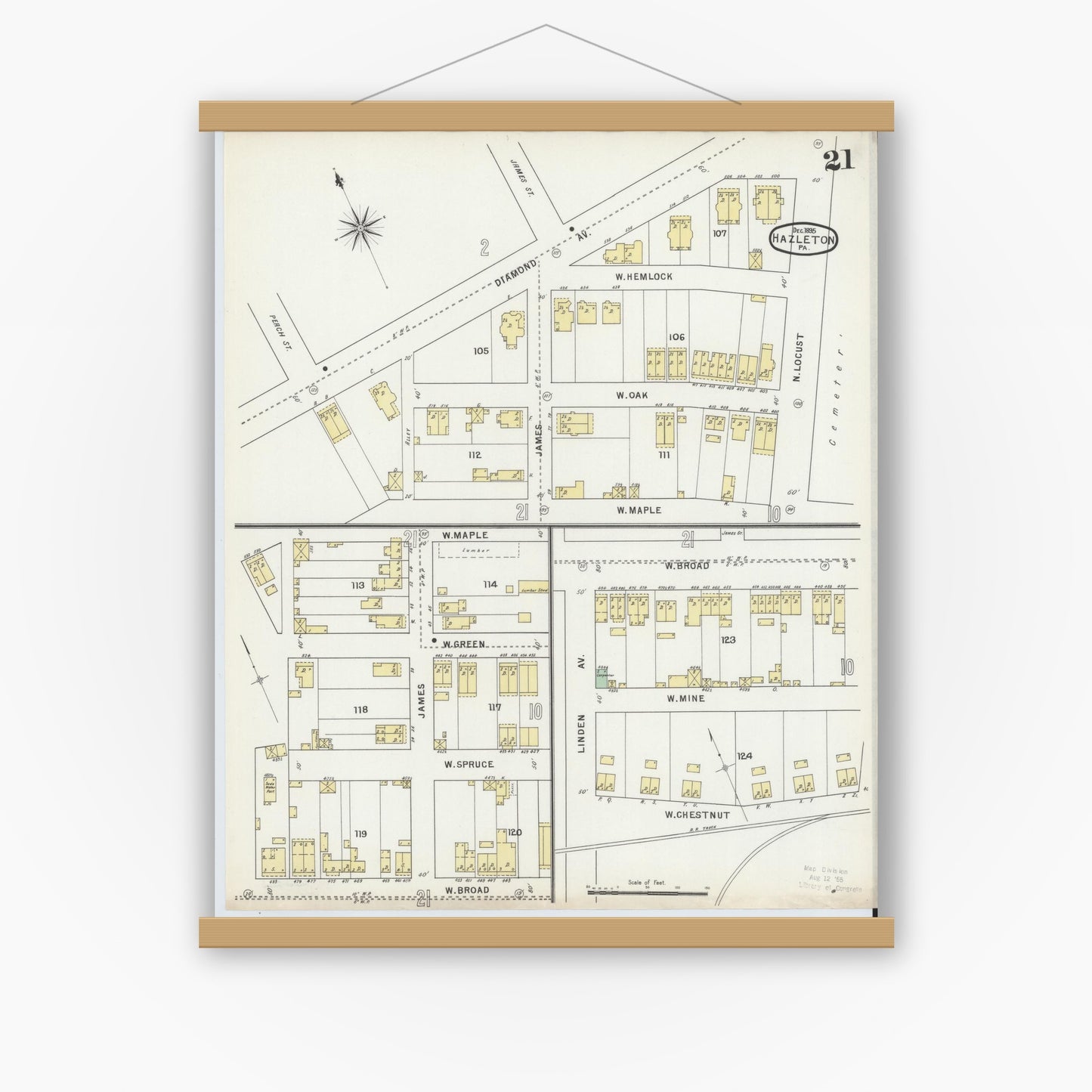 Old map wall art mockup — magnetic wood frame on white wall — Sanborn Fire Insurance Map from Hazleton, Luzerne County, Pennsylvania (1895), Sheet #0021