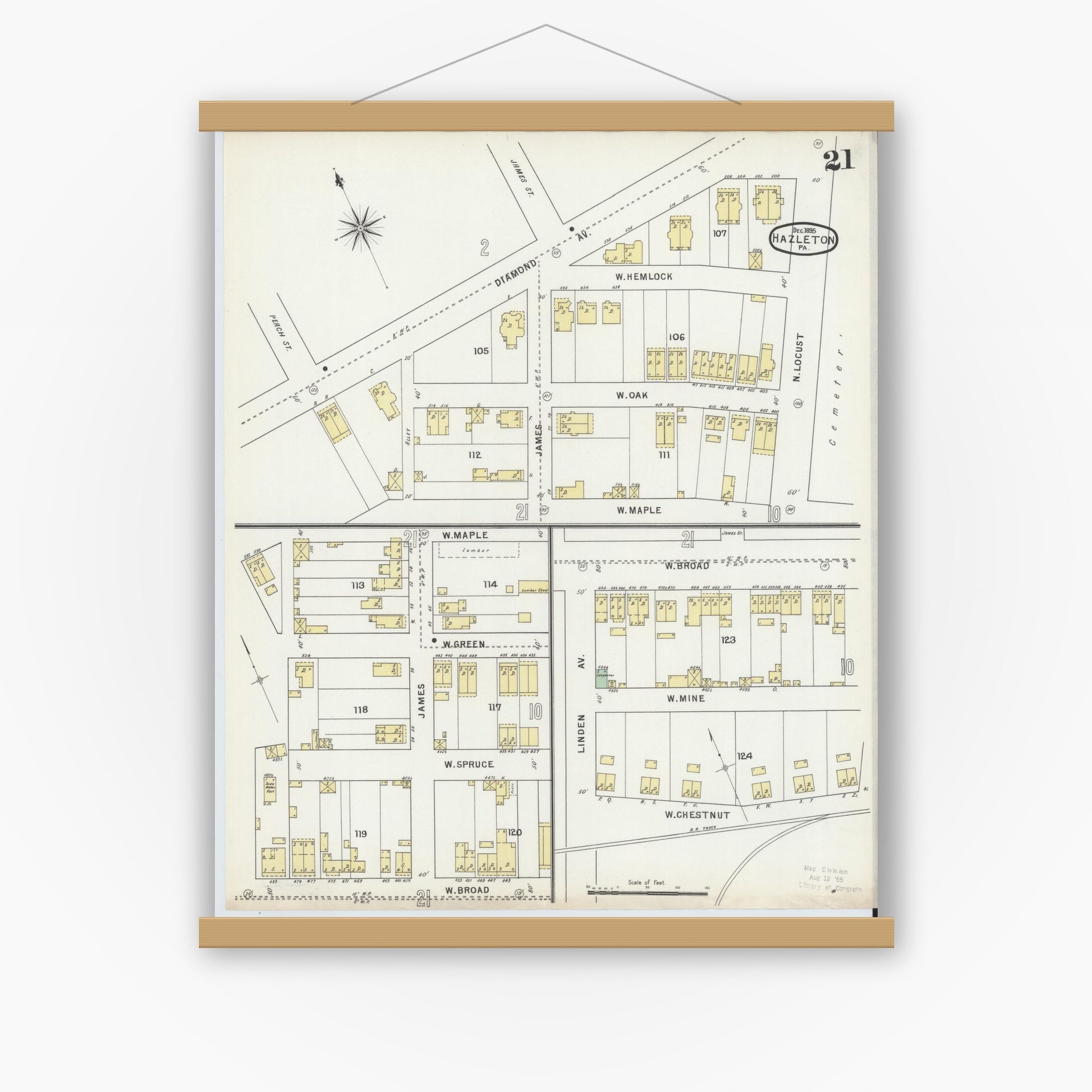 Old map wall art mockup — magnetic wood frame on white wall — Sanborn Fire Insurance Map from Hazleton, Luzerne County, Pennsylvania (1895), Sheet #0021