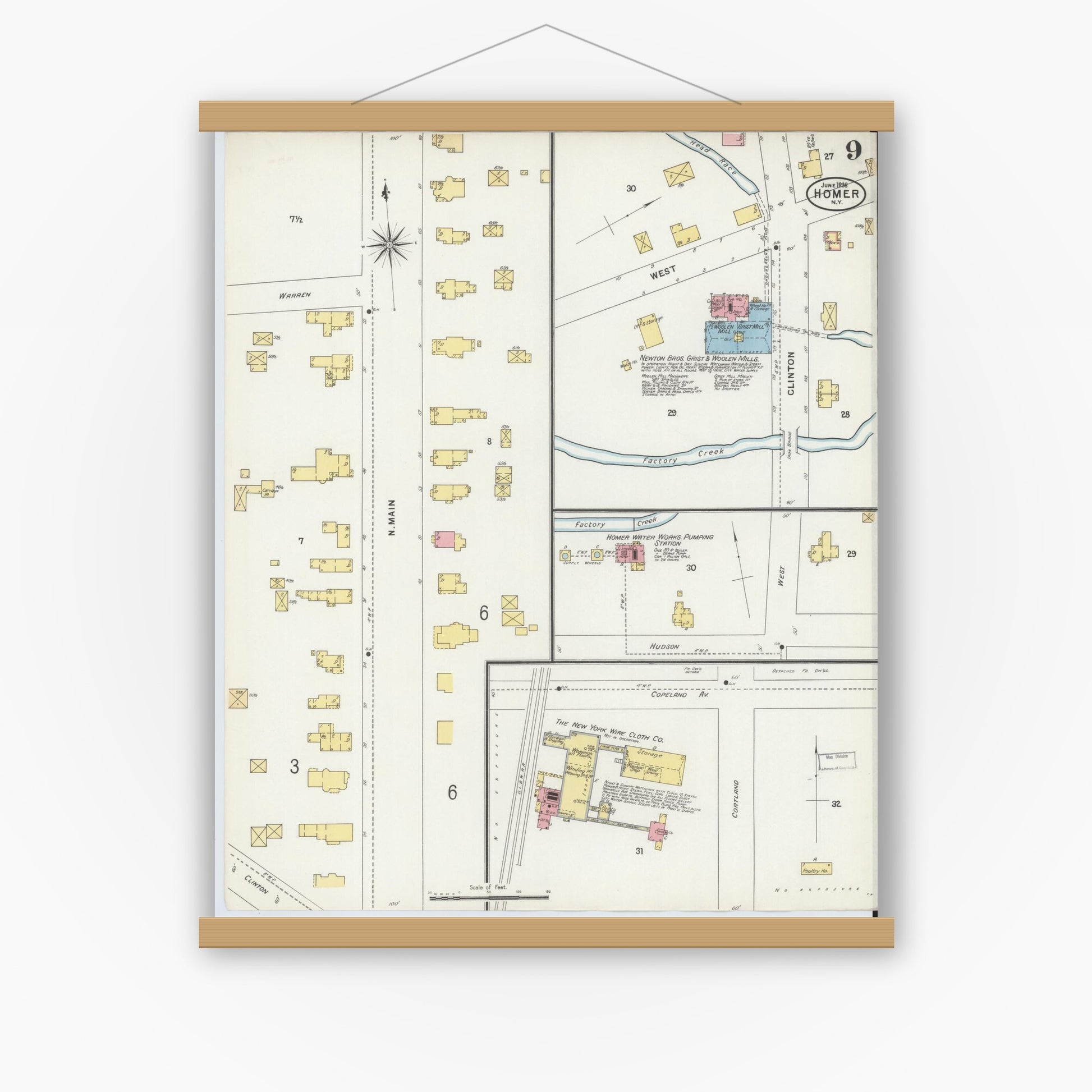 Old map wall art mockup — magnetic wood frame on white wall — Sanborn Fire Insurance Map from Homer, Cortland County, New York (1898), Sheet #0009