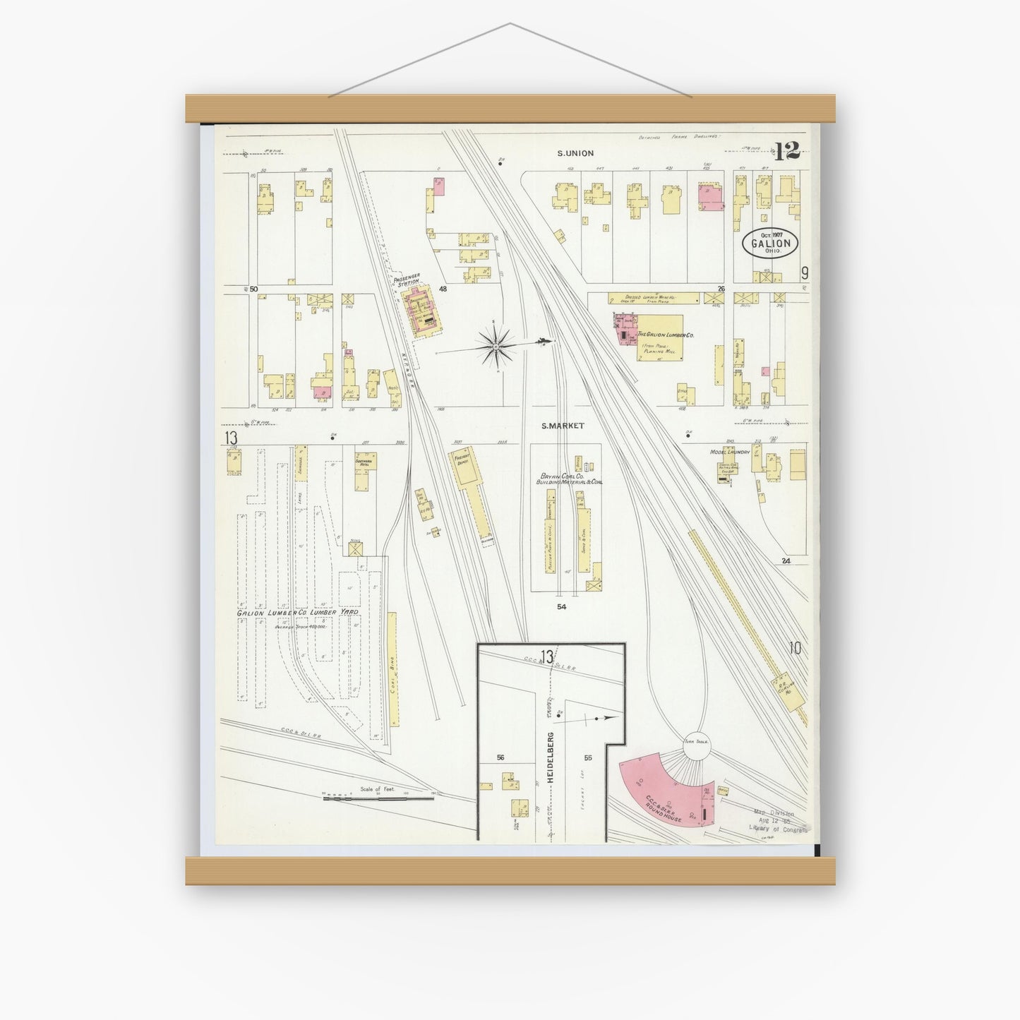Old map wall art mockup — magnetic wood frame on white wall — Sanborn Fire Insurance Map from Galion, Crawford County, Ohio (1907), Sheet #0012