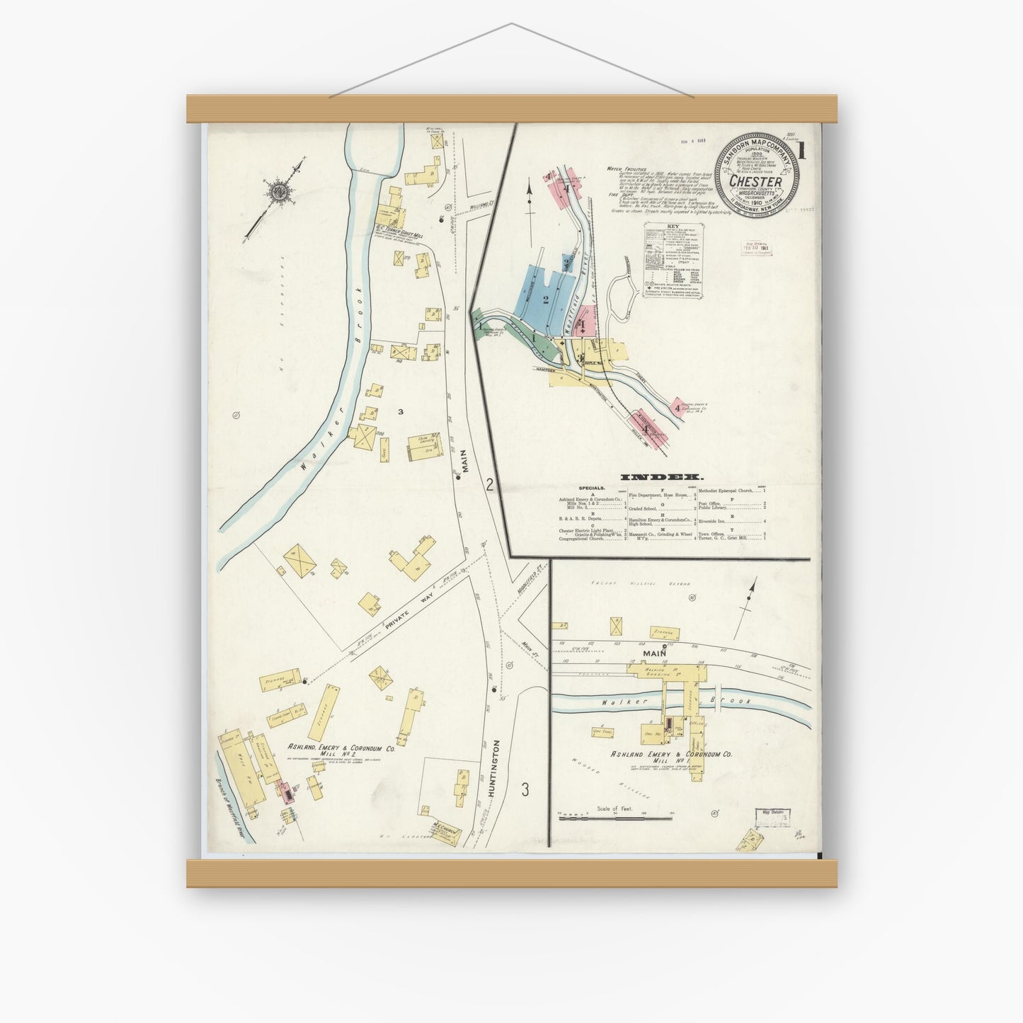 Old map wall art mockup — magnetic wood frame on white wall — Sanborn Fire Insurance Map from Chester, Hampden County, Massachusetts (1910), Sheet #0001