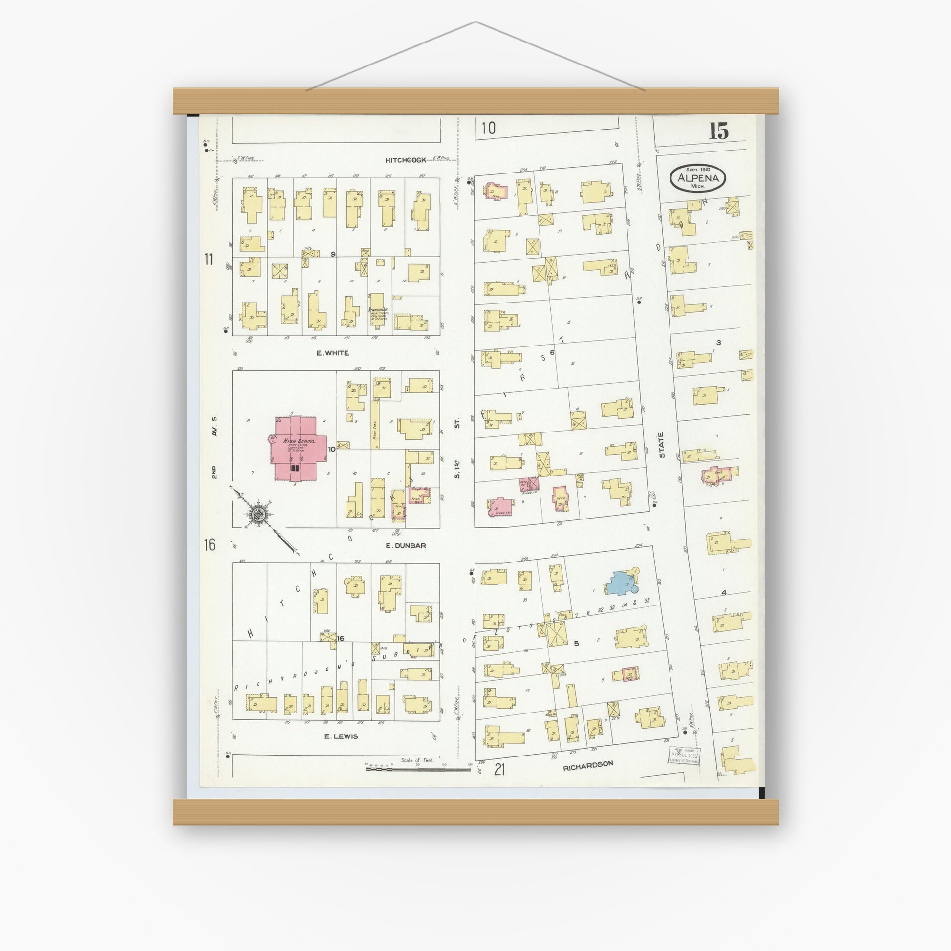 Old map wall art mockup — magnetic wood frame on white wall — Sanborn Fire Insurance Map from Alpena, Alpena County, Michigan (1910), Sheet #0015