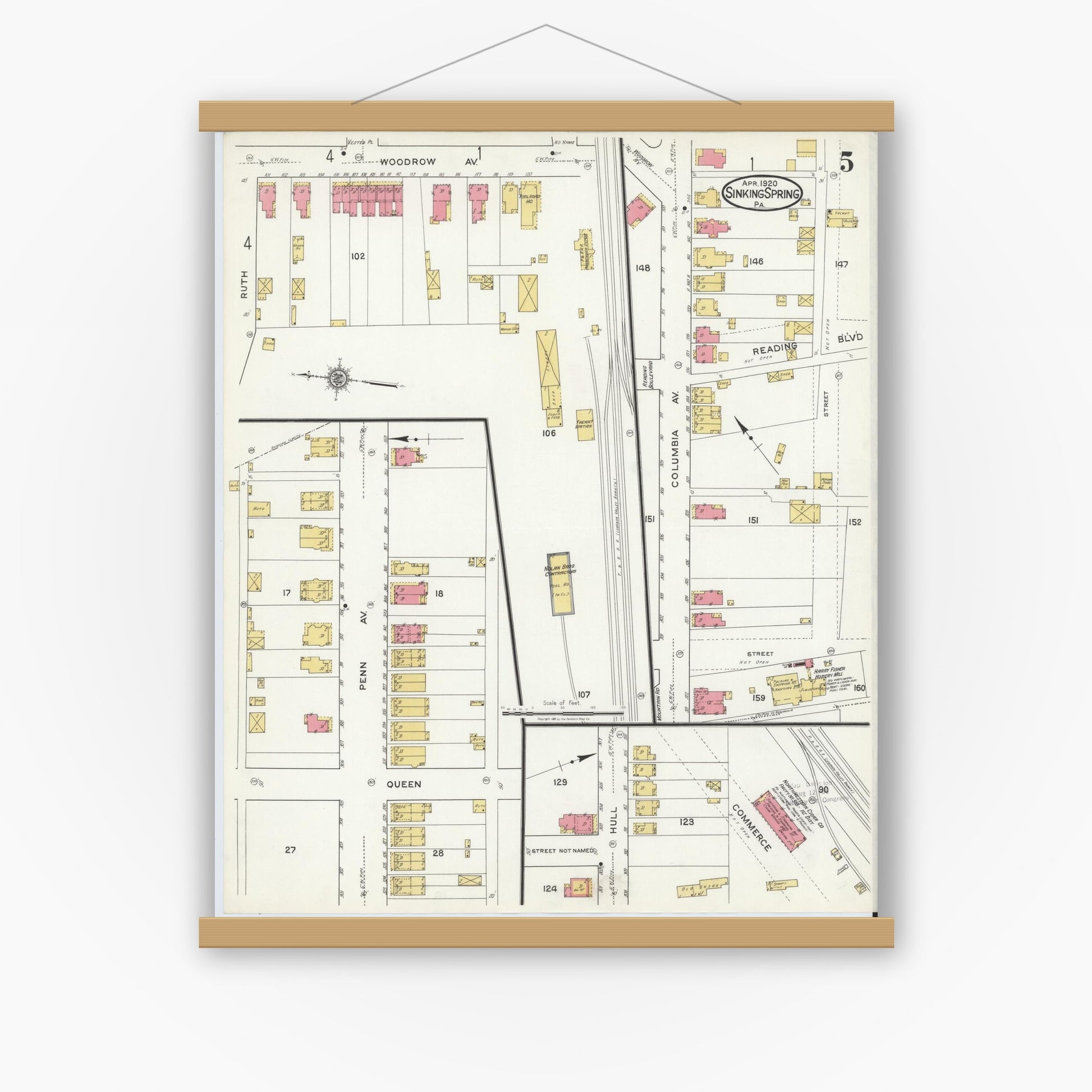 Old map wall art mockup — magnetic wood frame on white wall — Sanborn Fire Insurance Map from Sinking Spring, Berks County, Pennsylvania (1920), Sheet #0005