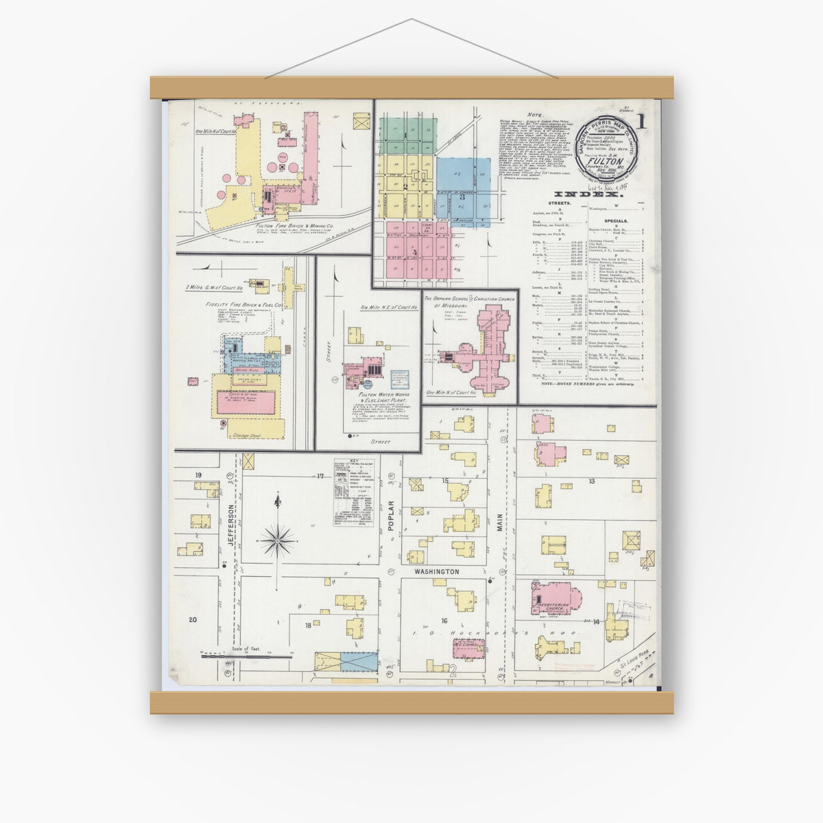 Old map wall art mockup — magnetic wood frame on white wall — Sanborn Fire Insurance Map from Fulton, Callaway County, Missouri (1895), Sheet #0001