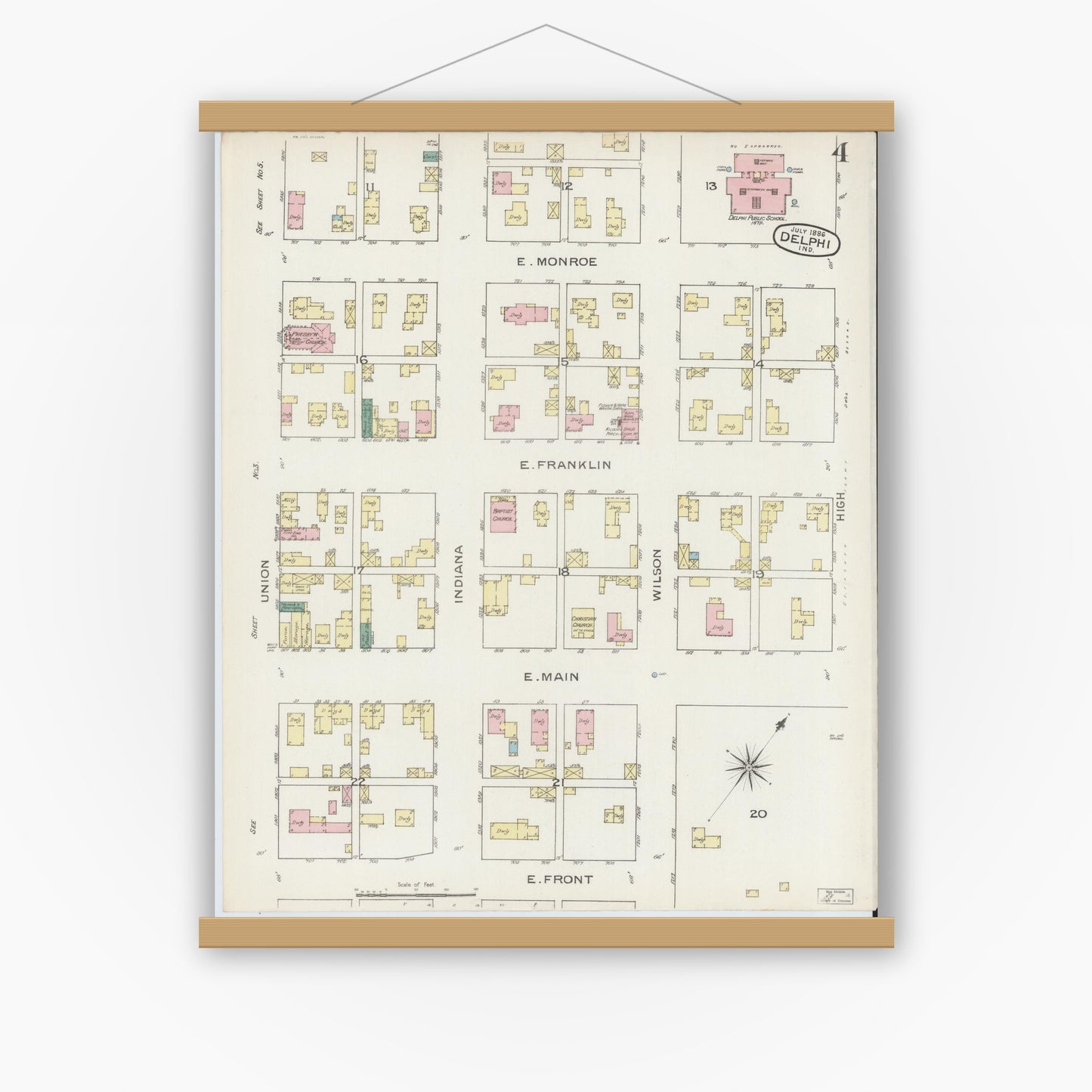 Old map wall art mockup — magnetic wood frame on white wall — Sanborn Fire Insurance Map from Delphi, Carroll County, Indiana (1886), Sheet #0004