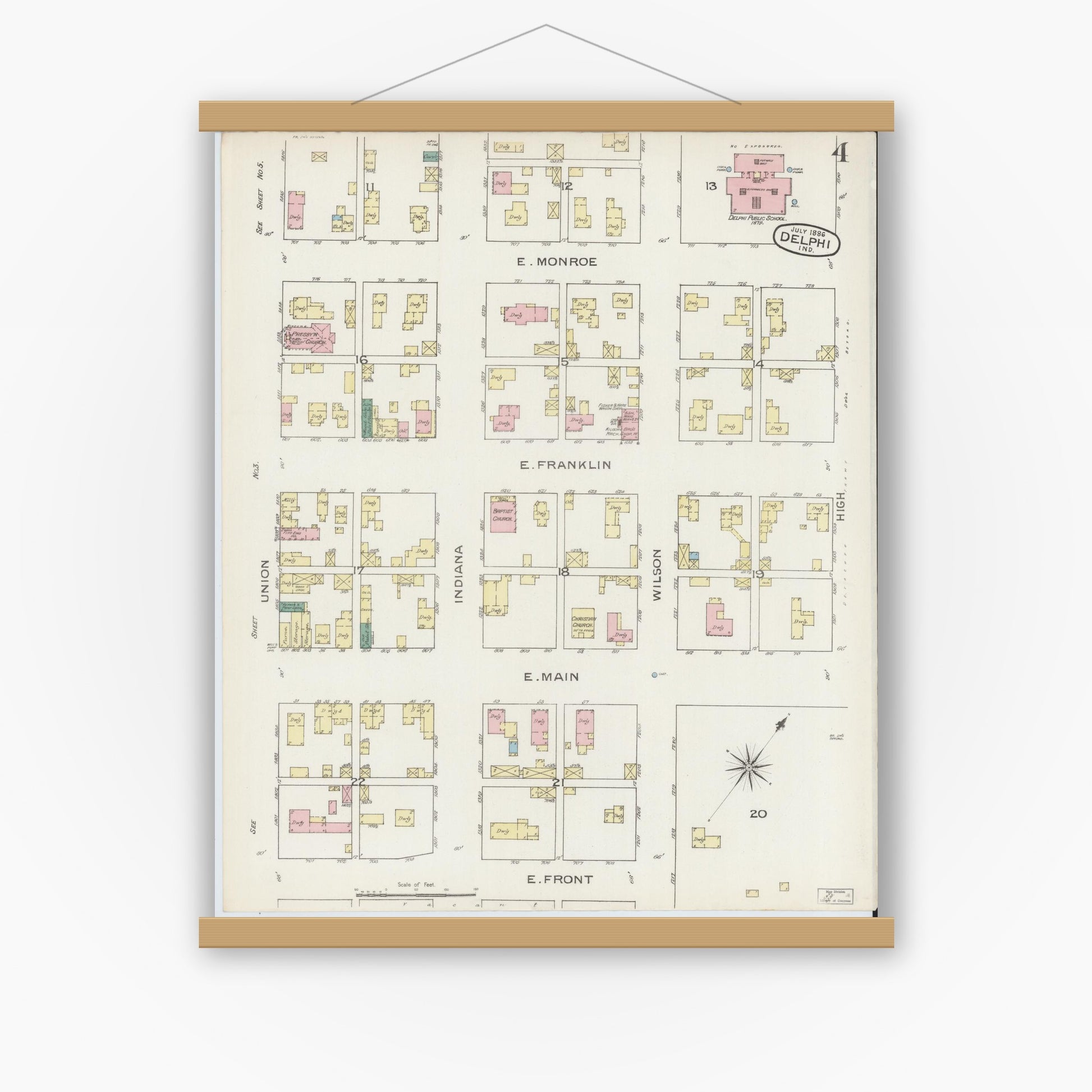 Old map wall art mockup — magnetic wood frame on white wall — Sanborn Fire Insurance Map from Delphi, Carroll County, Indiana (1886), Sheet #0004