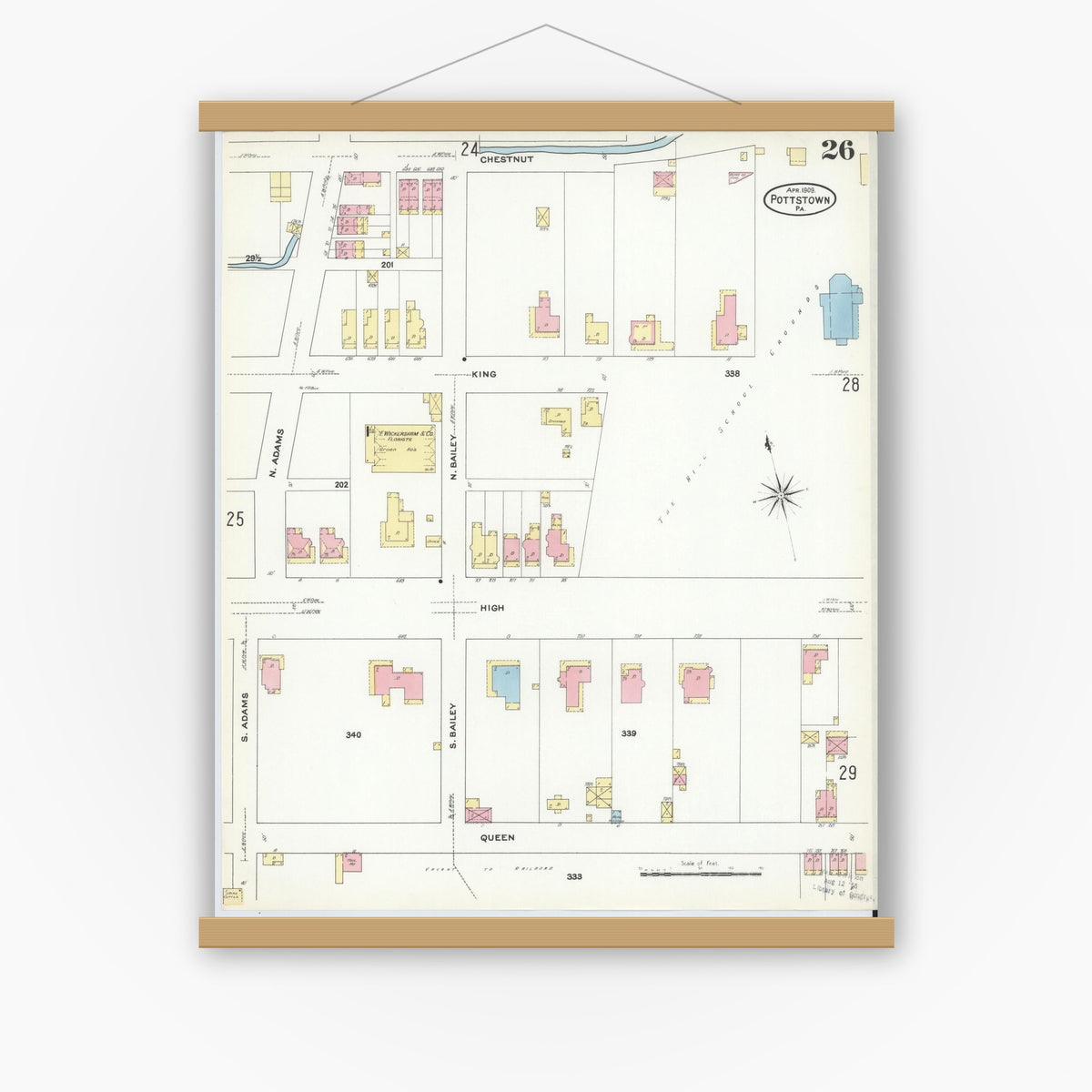 Old map wall art mockup — magnetic wood frame on white wall — Sanborn Fire Insurance Map from Pottstown, Montgomery County, Pennsylvania (1909), Sheet #0026