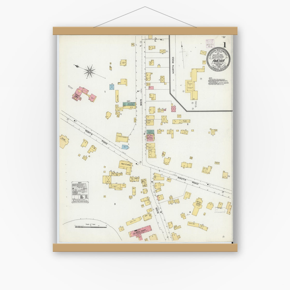 Old map wall art mockup — magnetic wood frame on white wall — Sanborn Fire Insurance Map from Amenia, Dutchess County, New York (1905) - Complete Map Set