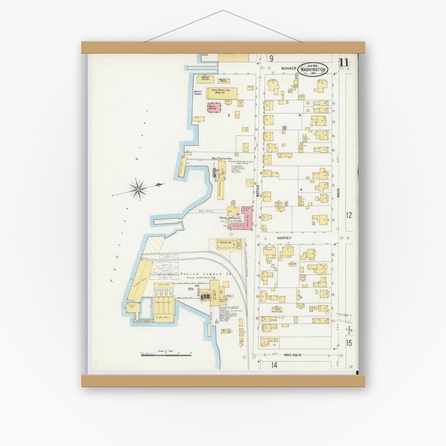 Old map wall art mockup — magnetic wood frame on white wall — Sanborn Fire Insurance Map from Washington, Beaufort County, North Carolina (1904), Sheet #0011