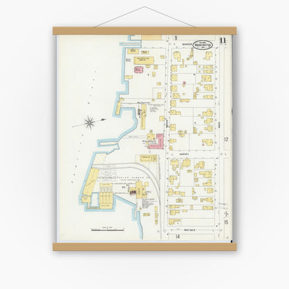 Old map wall art mockup — magnetic wood frame on white wall — Sanborn Fire Insurance Map from Washington, Beaufort County, North Carolina (1904), Sheet #0011