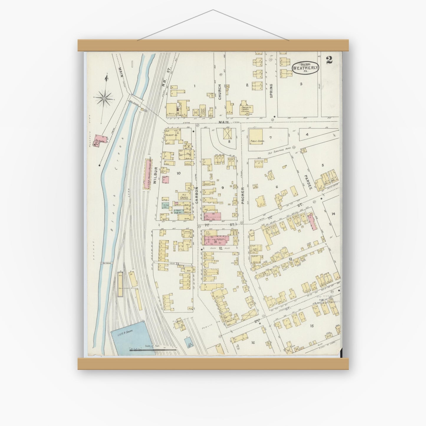 Old map wall art mockup — magnetic wood frame on white wall — Sanborn Fire Insurance Map from Weatherly, Carbon County, Pennsylvania (1895), Sheet #0002
