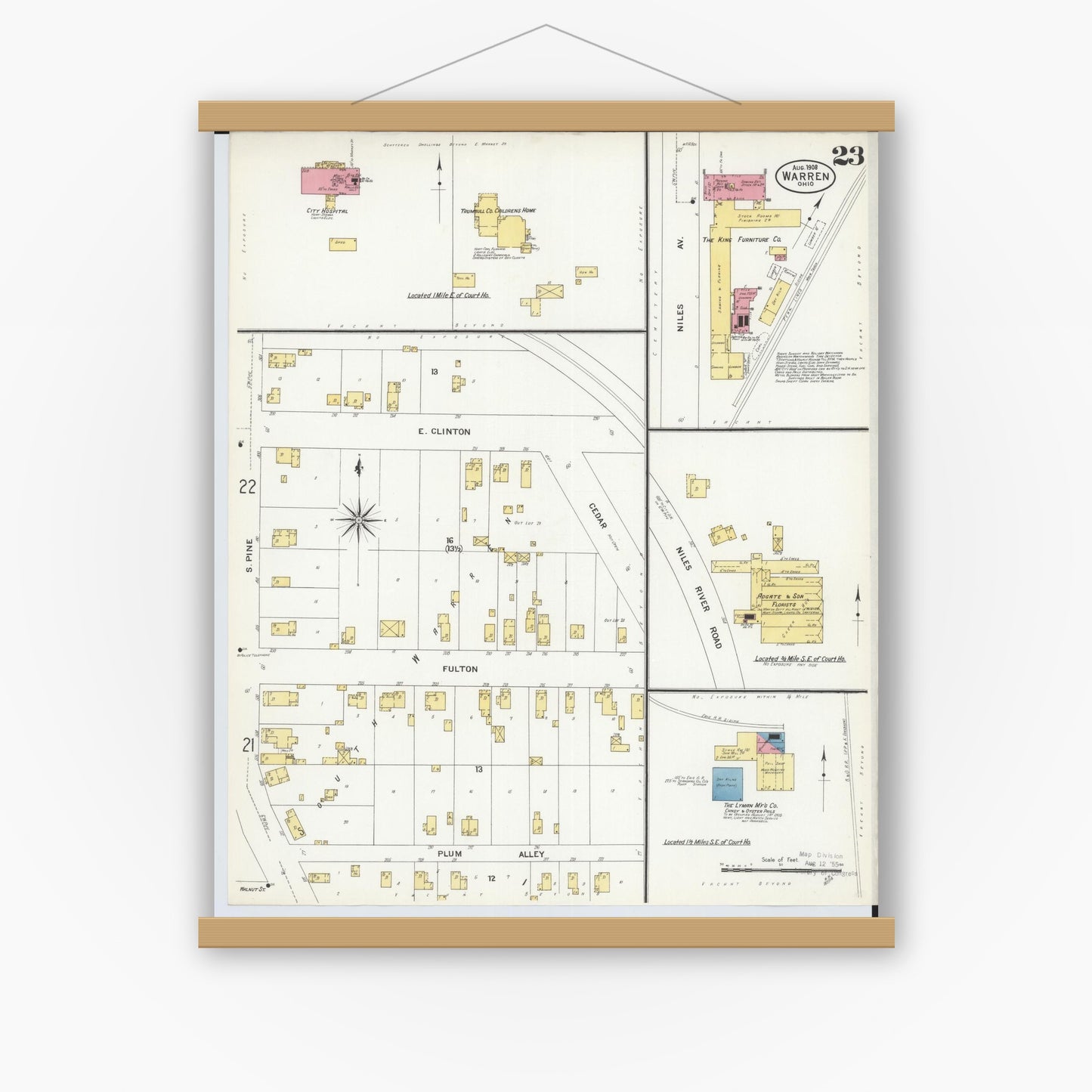 Old map wall art mockup — magnetic wood frame on white wall — Sanborn Fire Insurance Map from Warren, Trumbull County, Ohio (1908), Sheet #0023