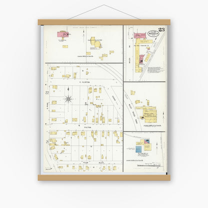Old map wall art mockup — magnetic wood frame on white wall — Sanborn Fire Insurance Map from Warren, Trumbull County, Ohio (1908), Sheet #0023