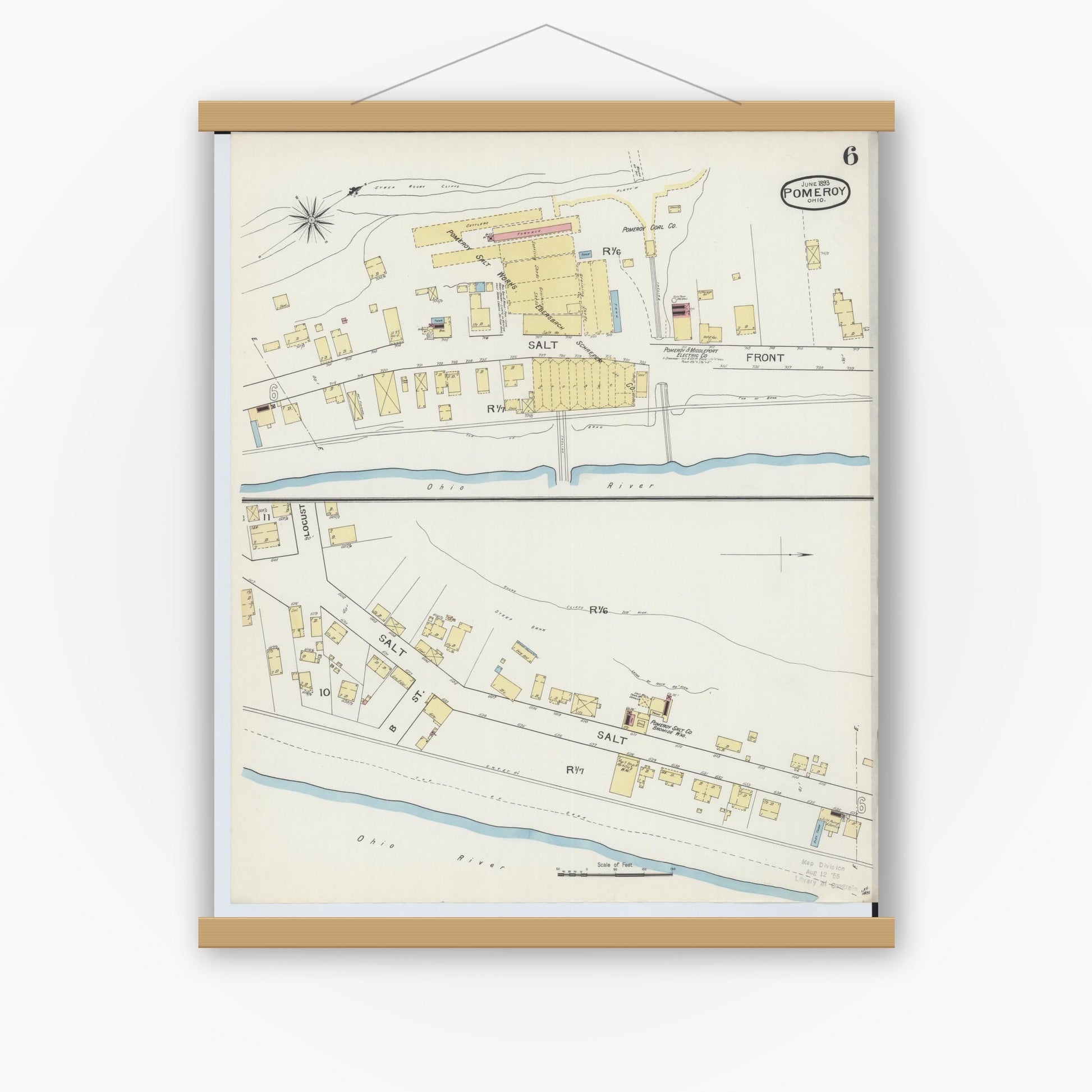 Old map wall art mockup — magnetic wood frame on white wall — Sanborn Fire Insurance Map from Pomeroy, Meigs County, Ohio (1893), Sheet #0006