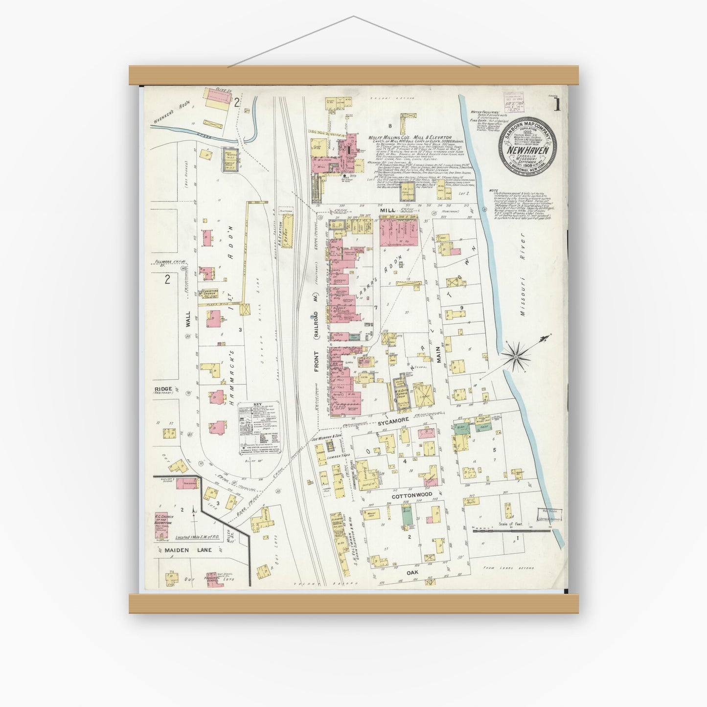 Old map wall art mockup — magnetic wood frame on white wall — Sanborn Fire Insurance Map from New Haven, Franklin County, Missouri (1908) - Complete Map Set