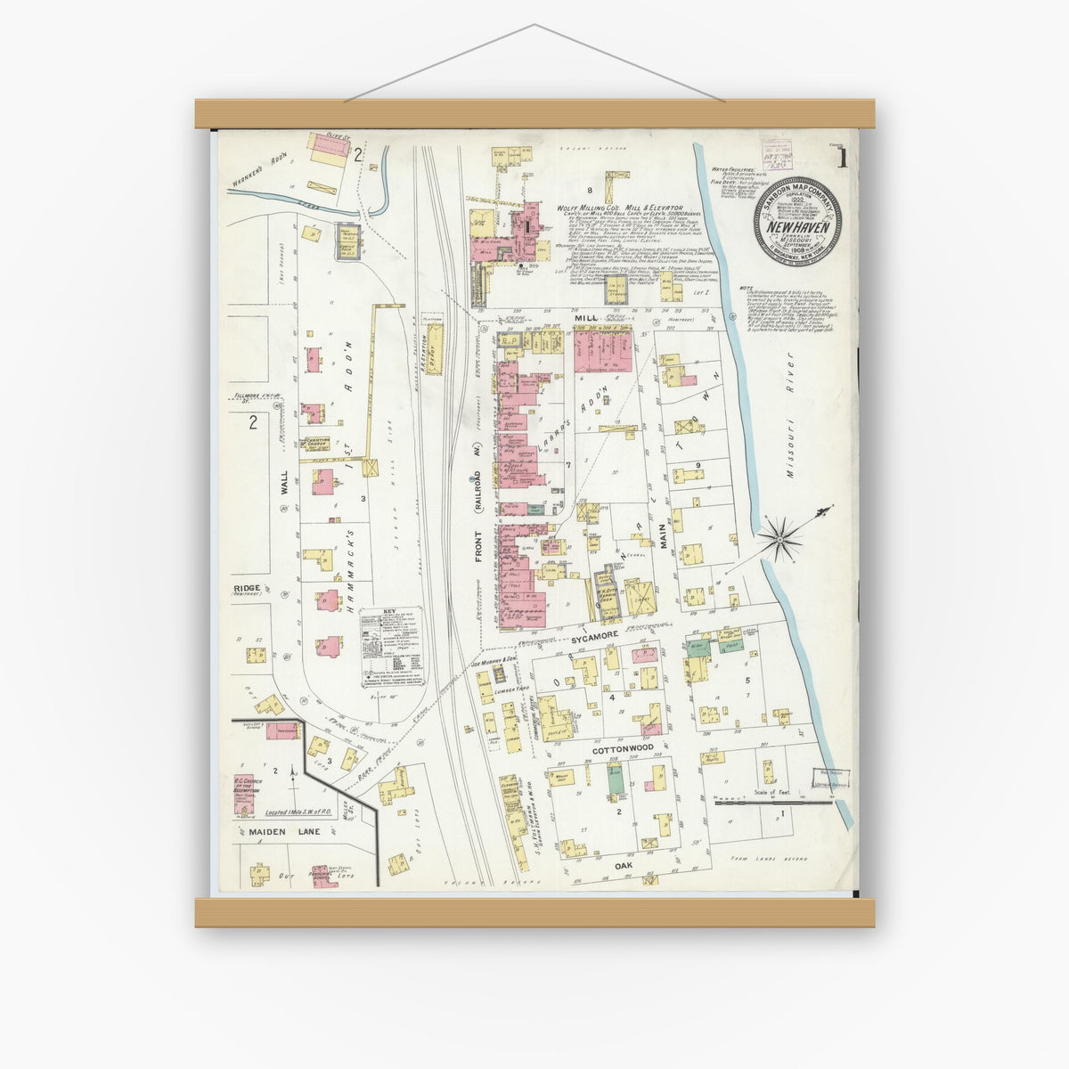 Old map wall art mockup — magnetic wood frame on white wall — Sanborn Fire Insurance Map from New Haven, Franklin County, Missouri (1908) - Complete Map Set