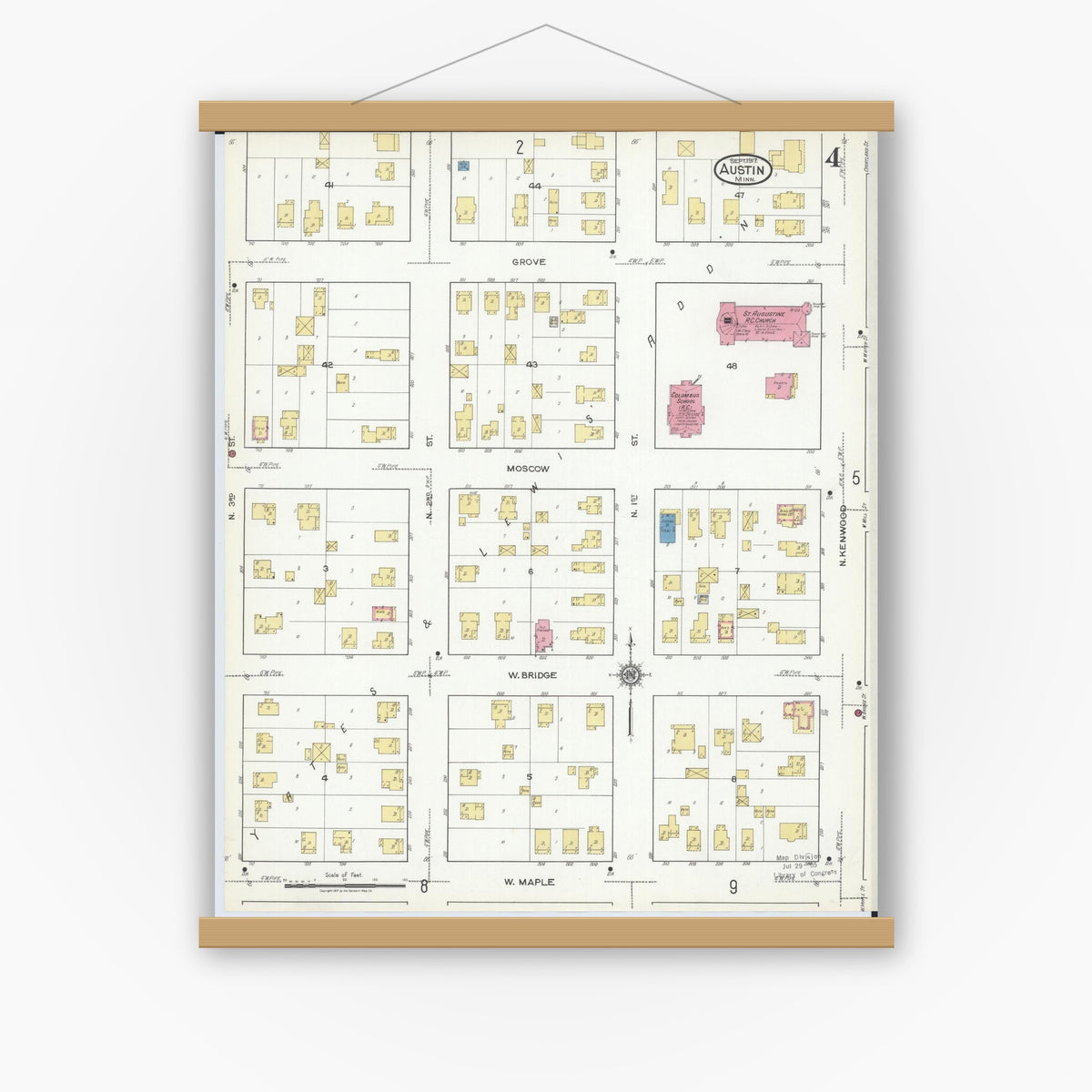 Old map wall art mockup — magnetic wood frame on white wall — Sanborn Fire Insurance Map from Austin, Mower County, Minnesota (1917), Sheet #0004