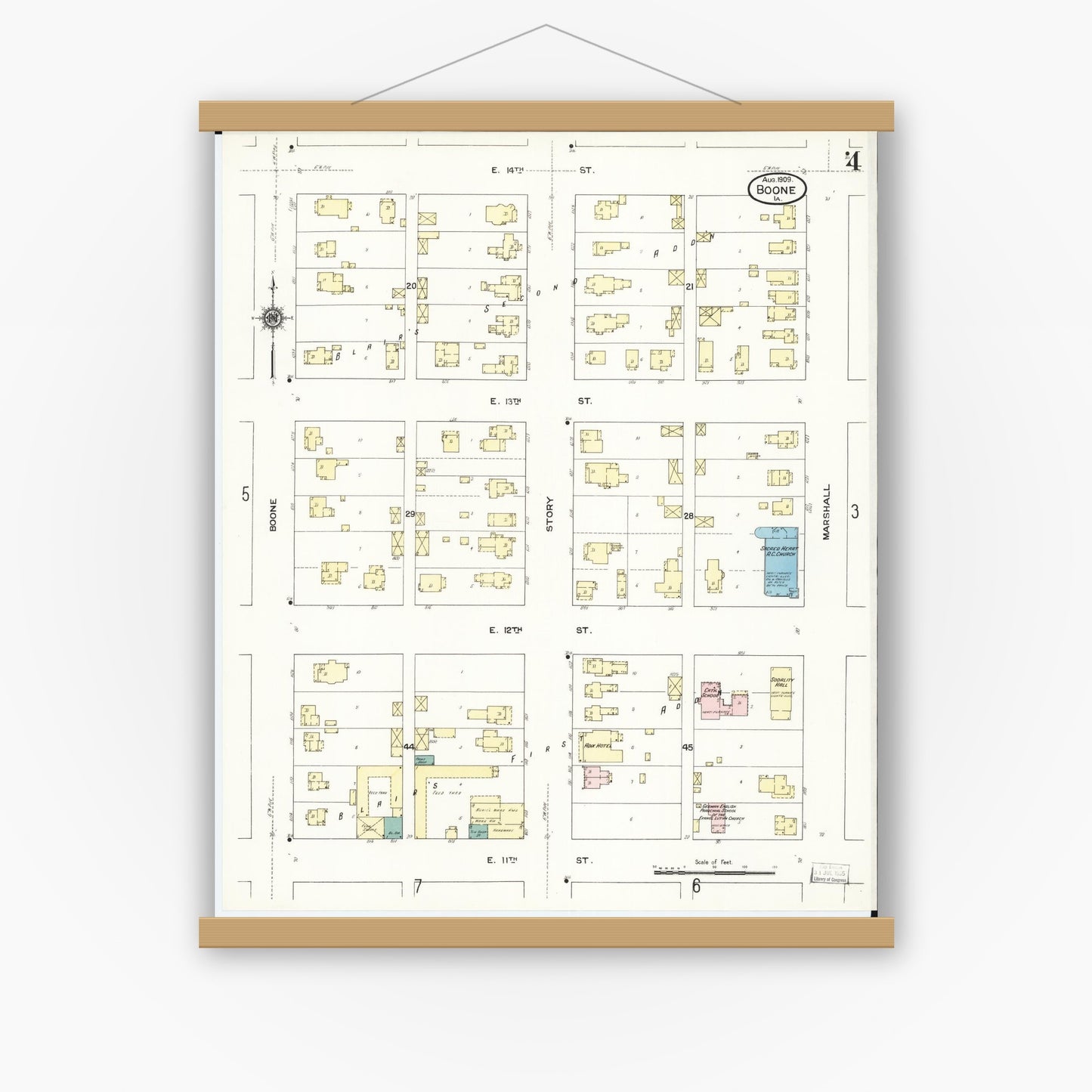 Old map wall art mockup — magnetic wood frame on white wall — Sanborn Fire Insurance Map from Boone, Boone County, Iowa (1909), Sheet #0004