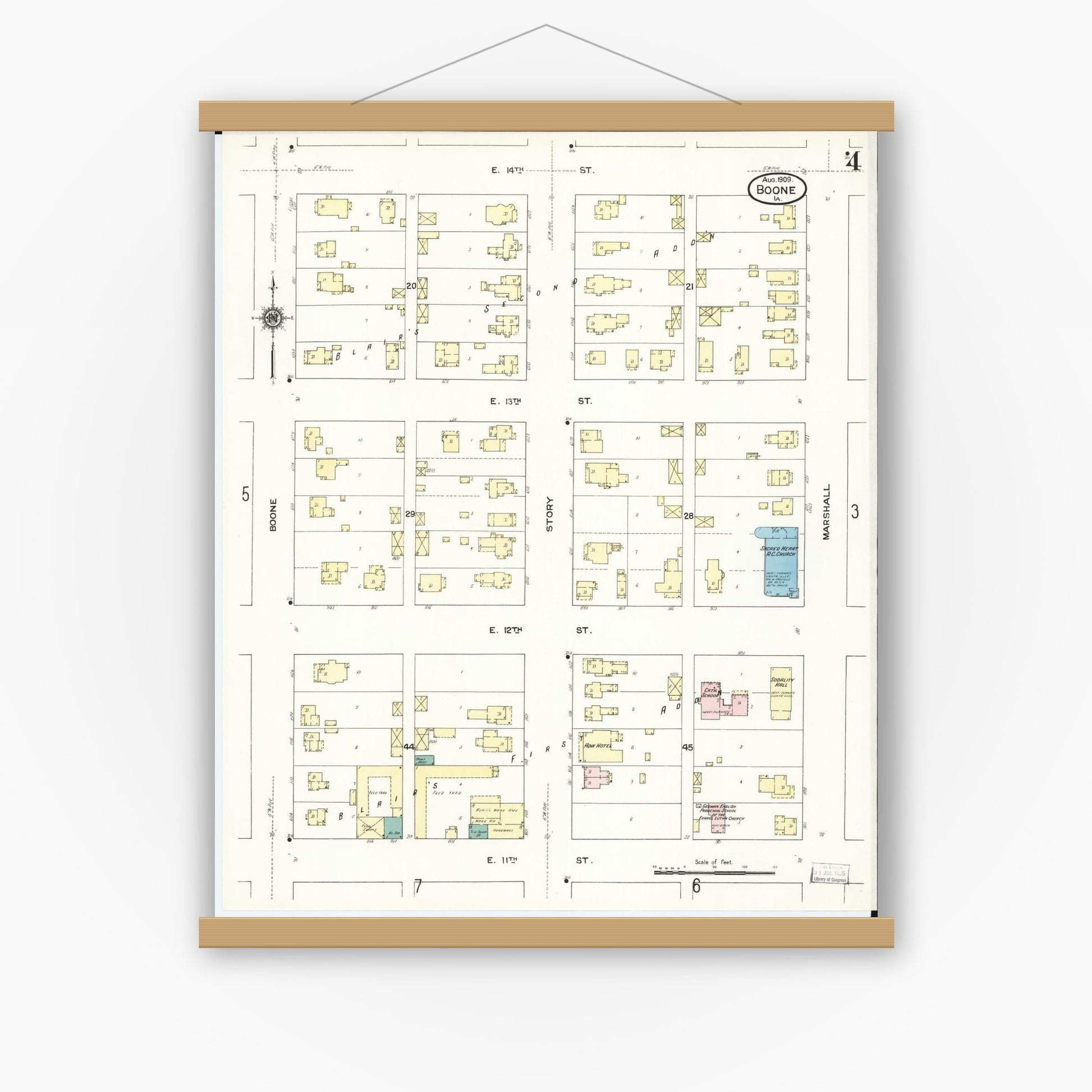 Old map wall art mockup — magnetic wood frame on white wall — Sanborn Fire Insurance Map from Boone, Boone County, Iowa (1909), Sheet #0004
