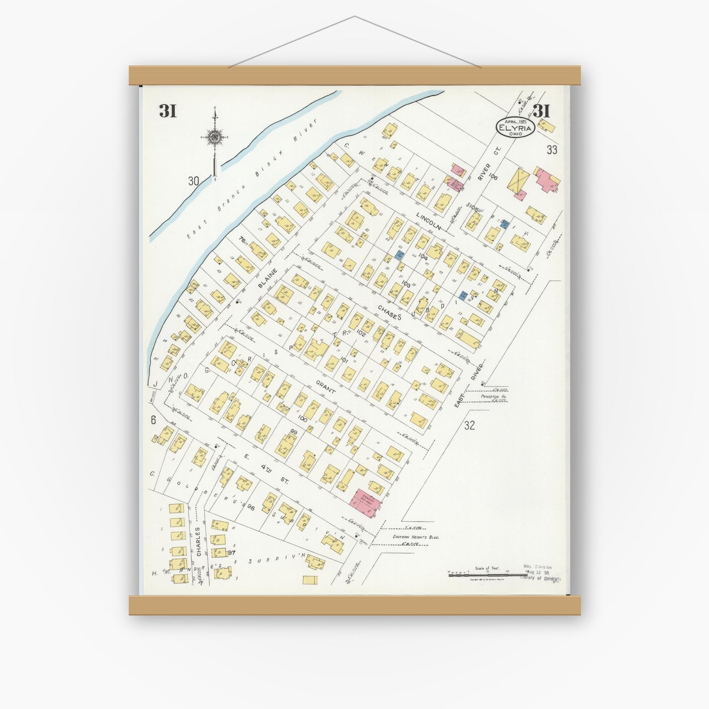 Old map wall art mockup — magnetic wood frame on white wall — Sanborn Fire Insurance Map from Elyria, Lorain County, Ohio (1925), Sheet #0031