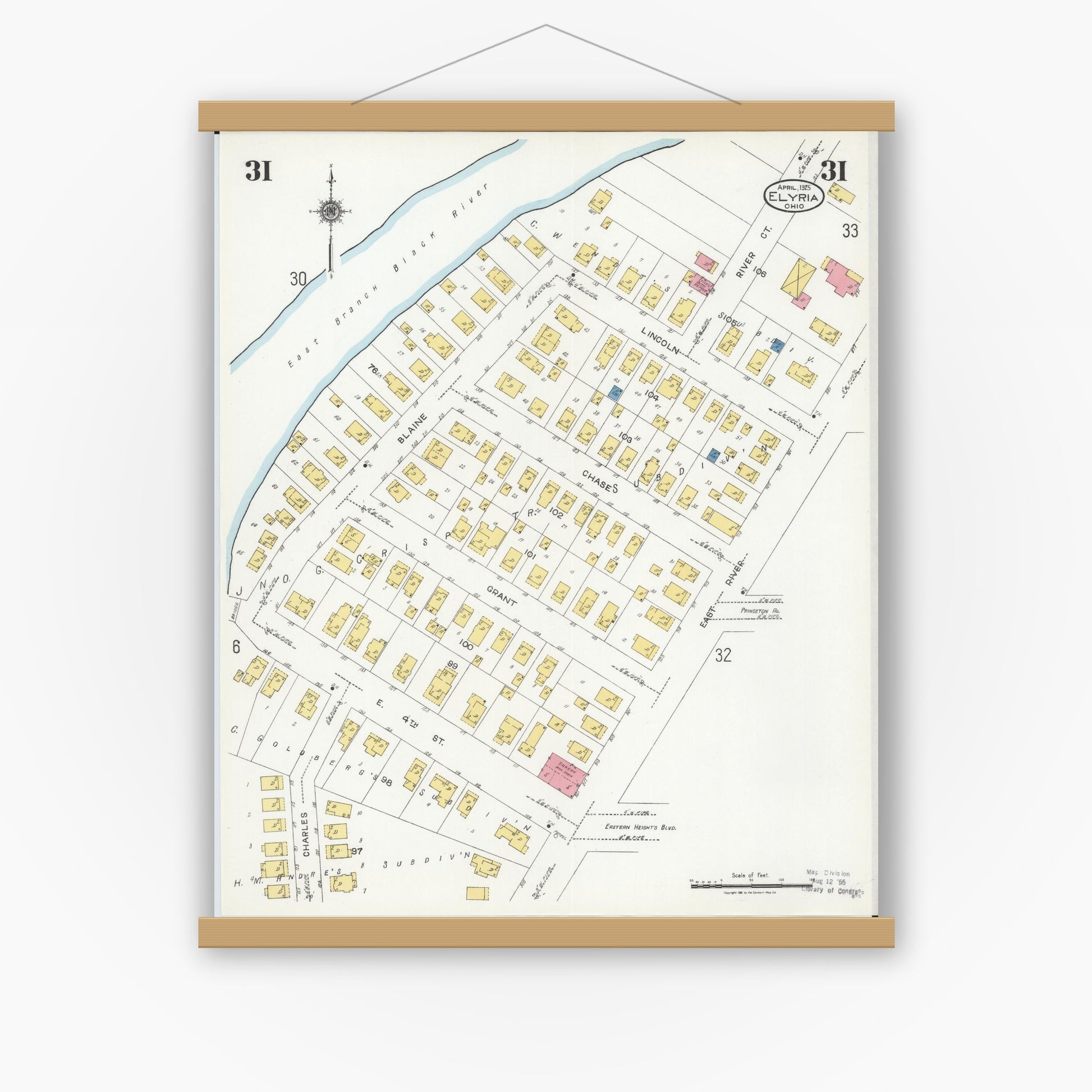 Old map wall art mockup — magnetic wood frame on white wall — Sanborn Fire Insurance Map from Elyria, Lorain County, Ohio (1925), Sheet #0031