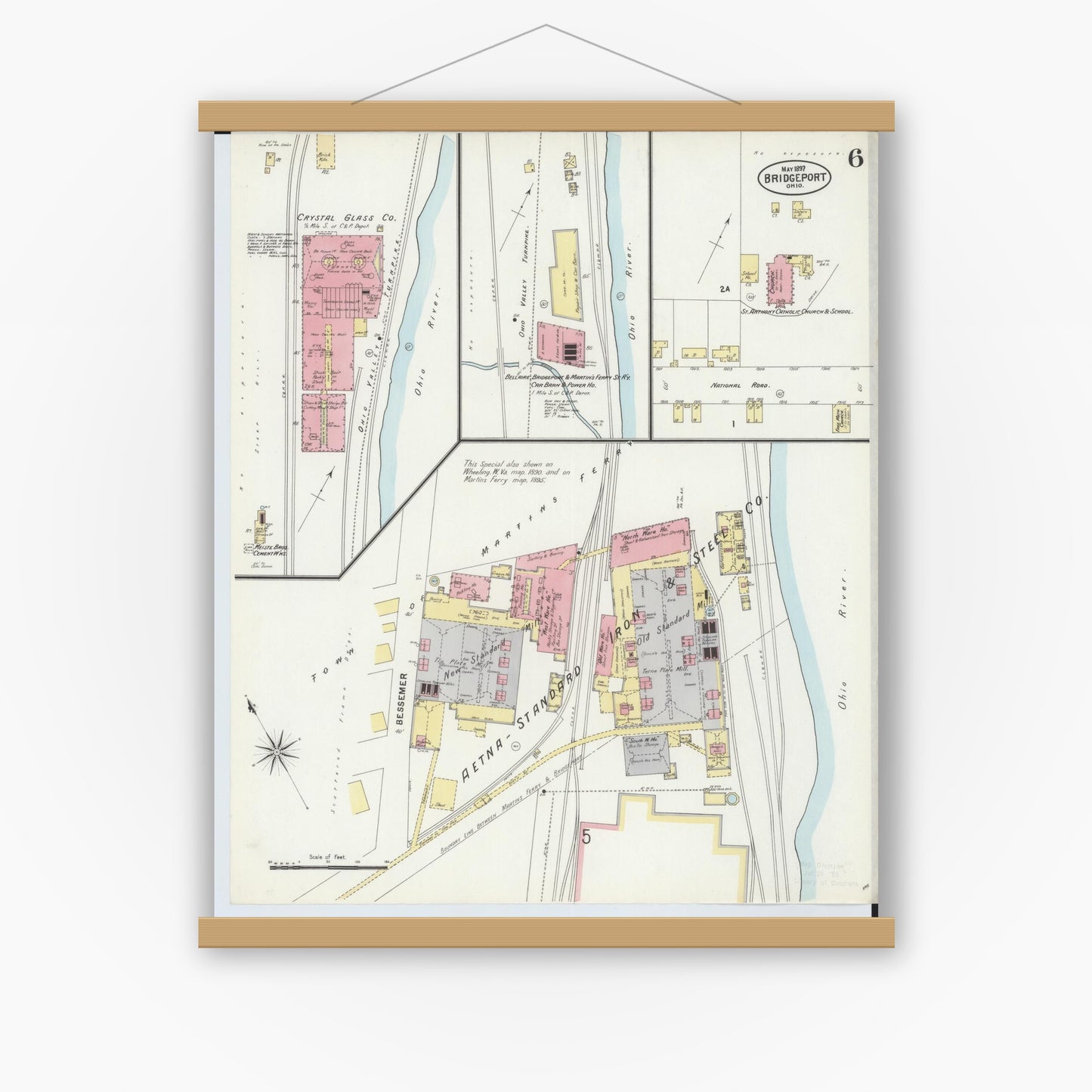 Old map wall art mockup — magnetic wood frame on white wall — Sanborn Fire Insurance Map from Bridgeport, Belmont County, Ohio (1897), Sheet #0006