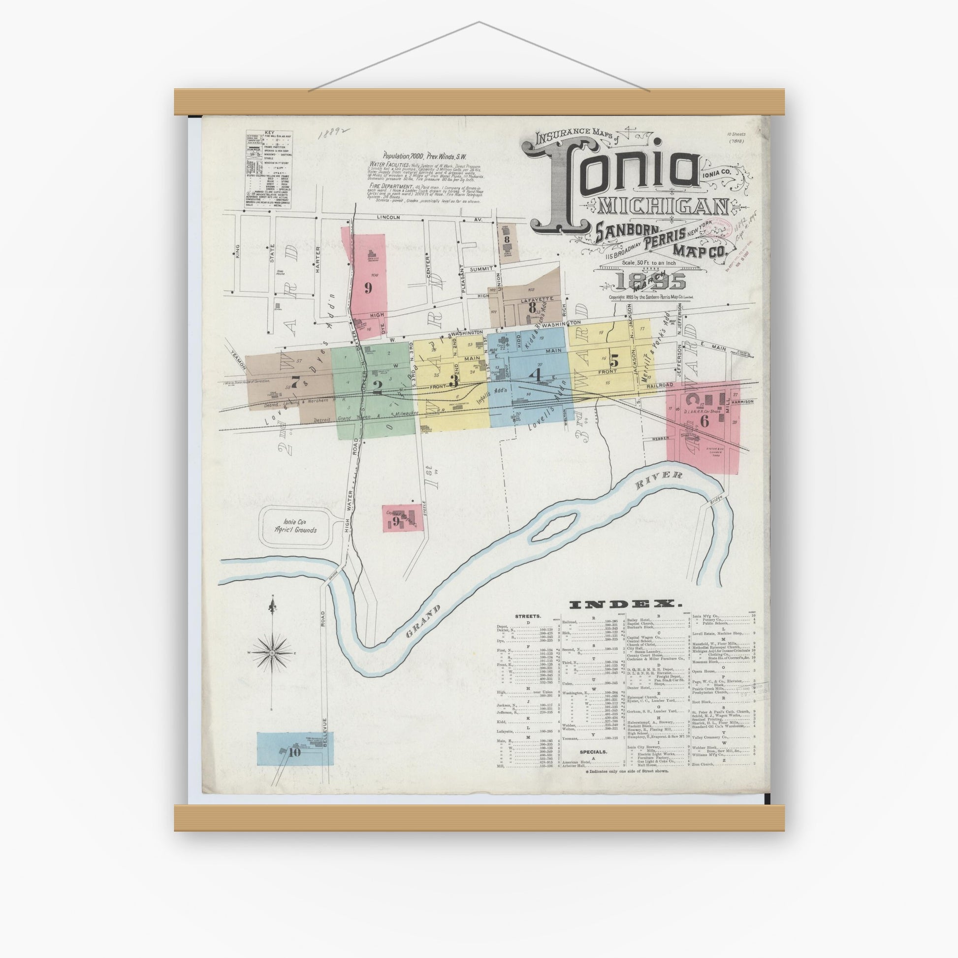 Old map wall art mockup — magnetic wood frame on white wall — Sanborn Fire Insurance Map from Ionia, Ionia County, Michigan (1895) - Complete Map Set