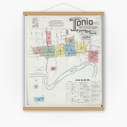 Old map wall art mockup — magnetic wood frame on white wall — Sanborn Fire Insurance Map from Ionia, Ionia County, Michigan (1895) - Complete Map Set