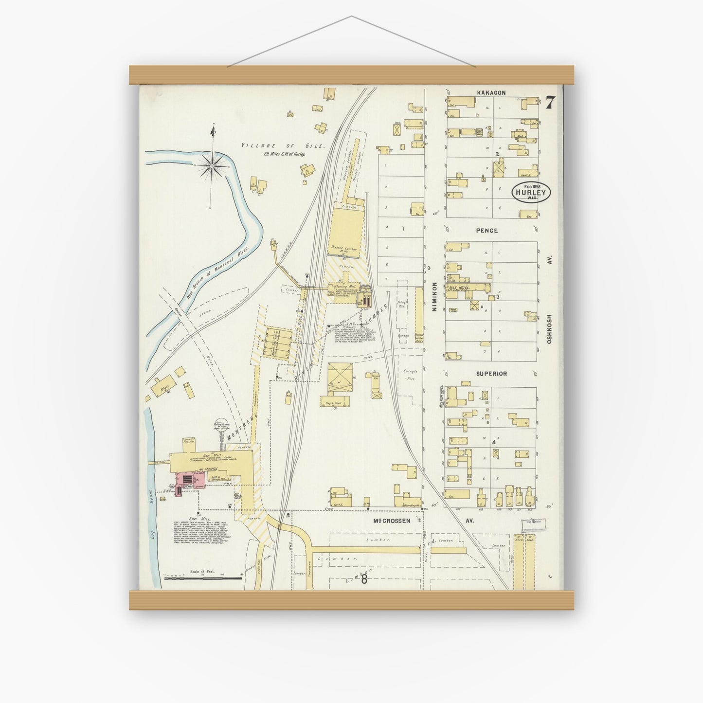 Old map wall art mockup — magnetic wood frame on white wall — Sanborn Fire Insurance Map from Hurley, Iron County, Wisconsin (1898), Sheet #0007