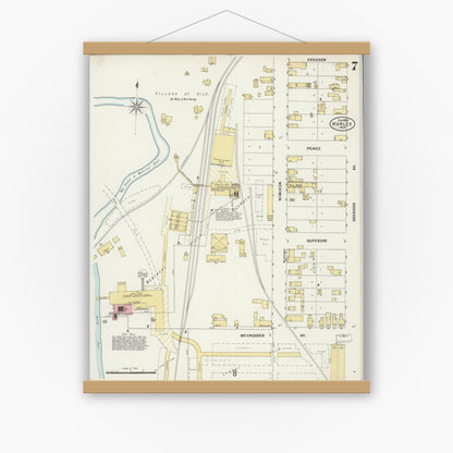Old map wall art mockup — magnetic wood frame on white wall — Sanborn Fire Insurance Map from Hurley, Iron County, Wisconsin (1898), Sheet #0007