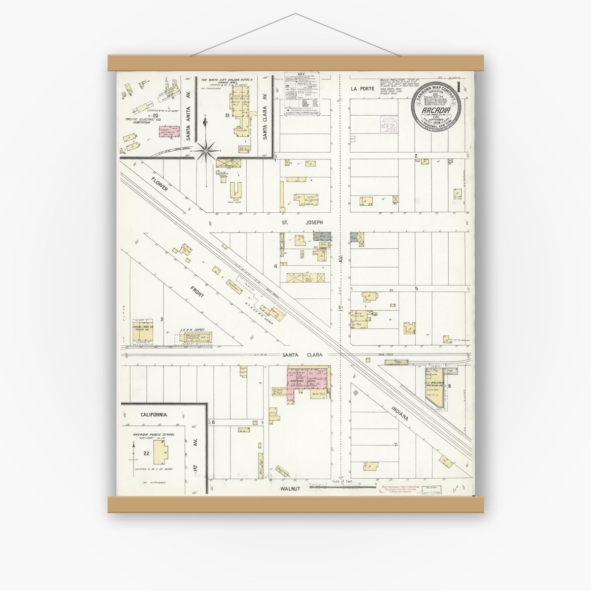 Old map wall art mockup — magnetic wood frame on white wall — Sanborn Fire Insurance Map from Arcadia, Los Angeles County, California (1908), Sheet #0001