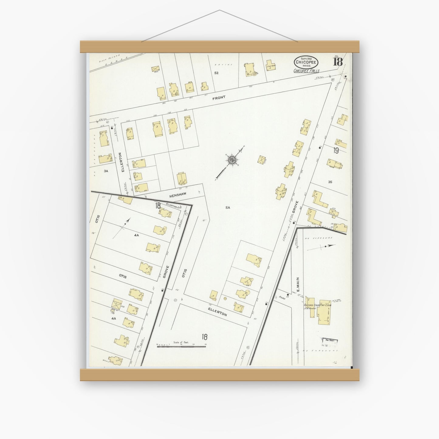 Old map wall art mockup — magnetic wood frame on white wall — Sanborn Fire Insurance Map from Chicopee, Hampden County, Massachusetts (1910), Sheet #0018