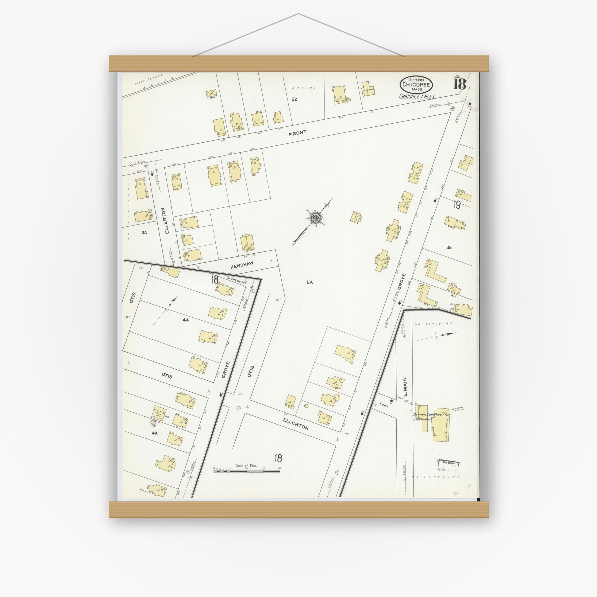 Old map wall art mockup — magnetic wood frame on white wall — Sanborn Fire Insurance Map from Chicopee, Hampden County, Massachusetts (1910), Sheet #0018
