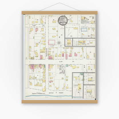 Old map wall art mockup — magnetic wood frame on white wall — Sanborn Fire Insurance Map from Manchester, Adams County, Ohio (1892), Sheet #0001