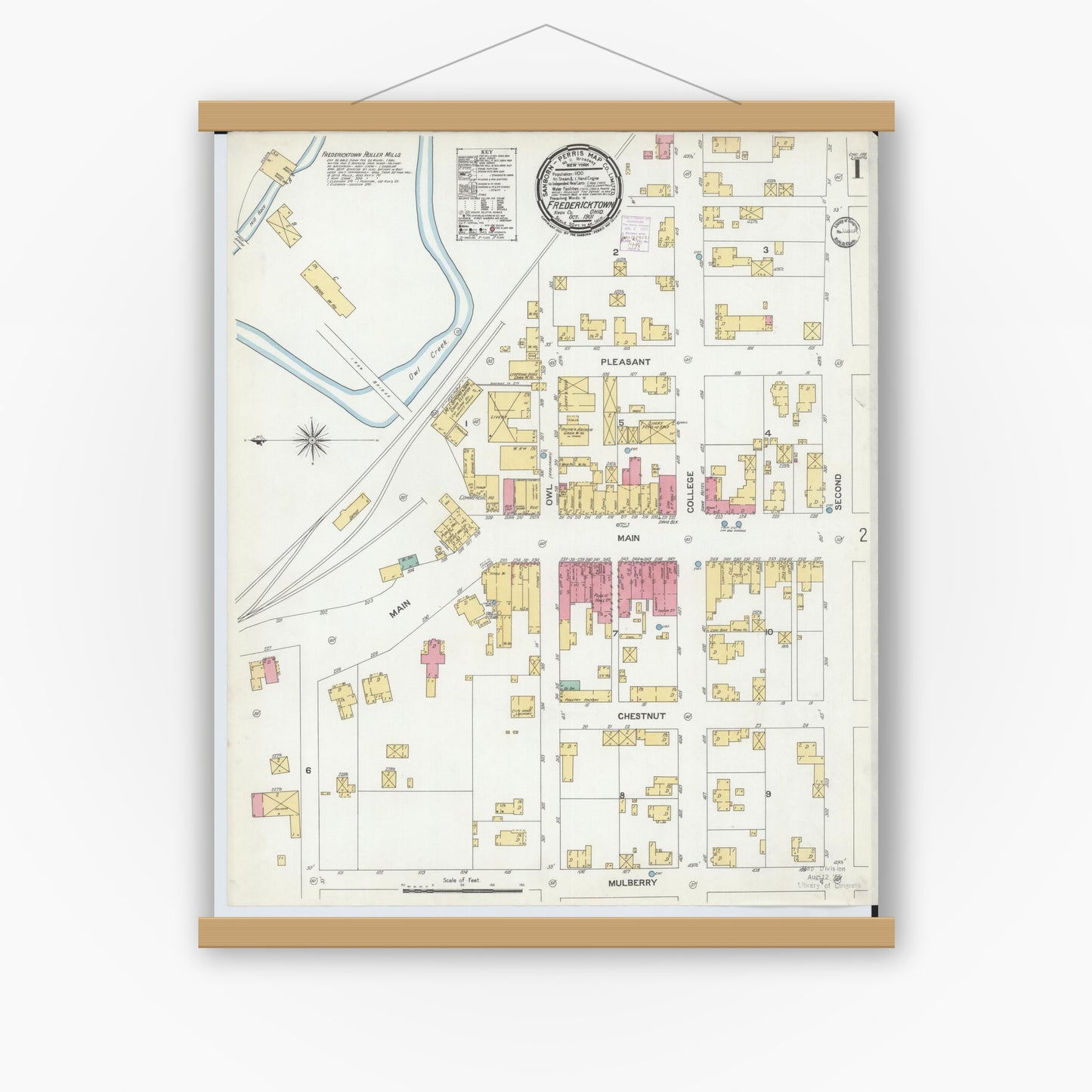 Old map wall art mockup — magnetic wood frame on white wall — Sanborn Fire Insurance Map from Fredericktown, Knox County, Ohio (1901) - Complete Map Set